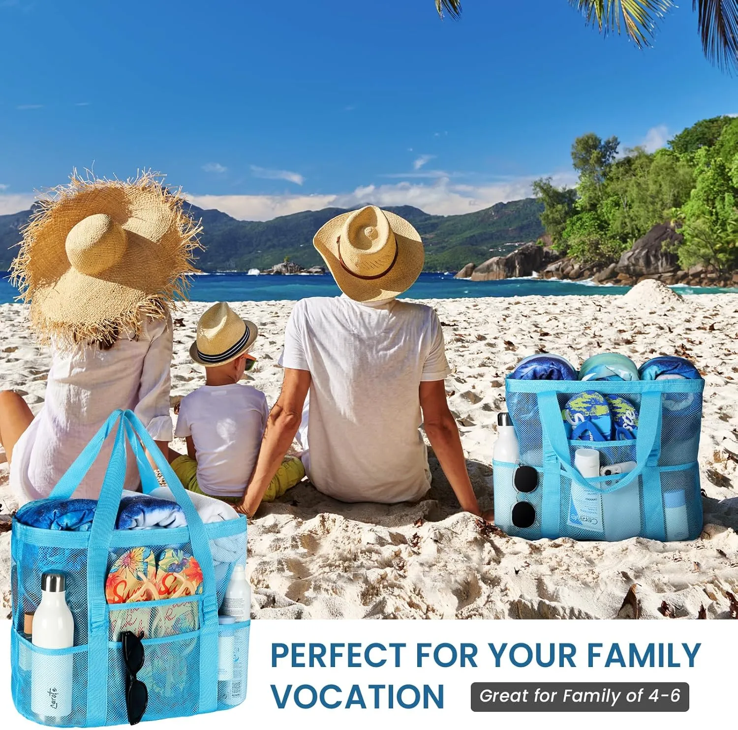 Tavaleu Mesh Beach Bag - Large Beach Tote with Multi Functional Pockets for Family Travel/Vacation