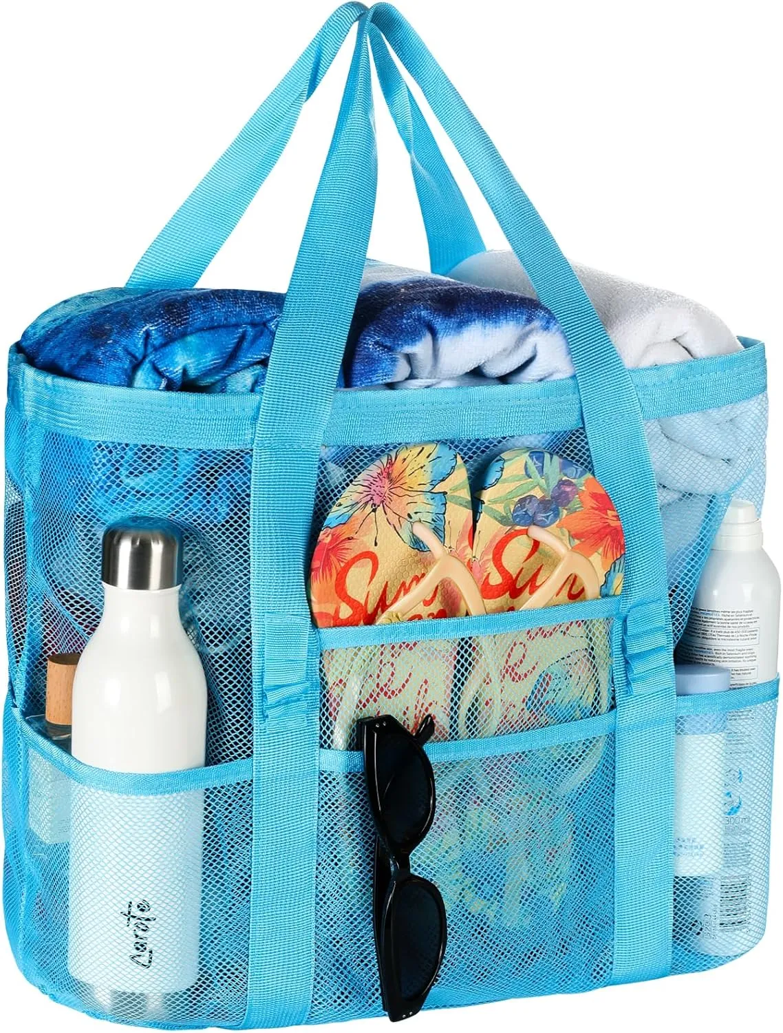 Tavaleu Mesh Beach Bag - Large Beach Tote with Multi Functional Pockets for Family Travel/Vacation