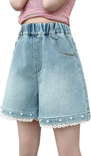 Toddler Girls Cute Lace Floral Pearl Denim Shorts Kids Trendy Vintage Jeans Elastic Waist Casual Jorts Baggy