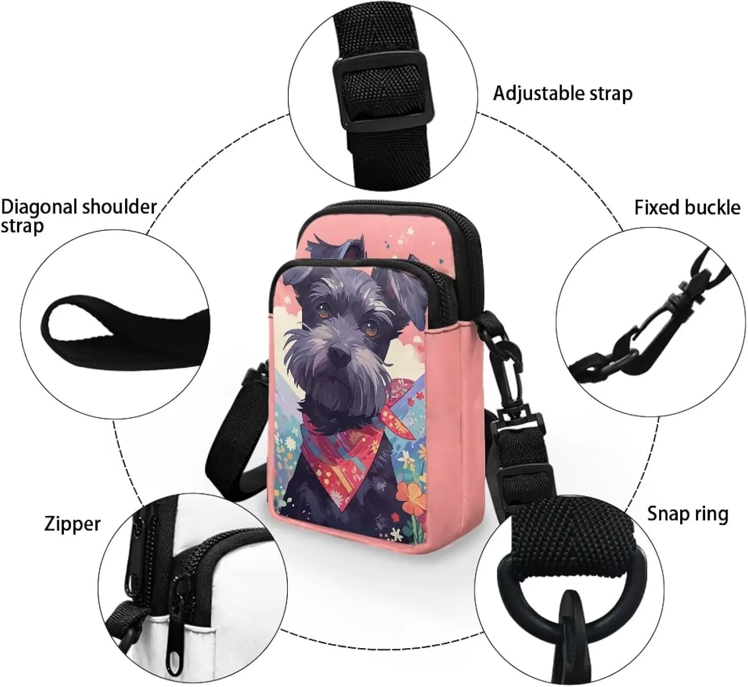 TODIYADDU Cute Schnauzer Dog Flower Cell Phone Purses for Women Crossbody Bag Novelty Shoulder Sling Bag with Adjustable Strap Mini Phone Pouch Purse Wallet with Zip Pocket Portable Handbags Gifts-1