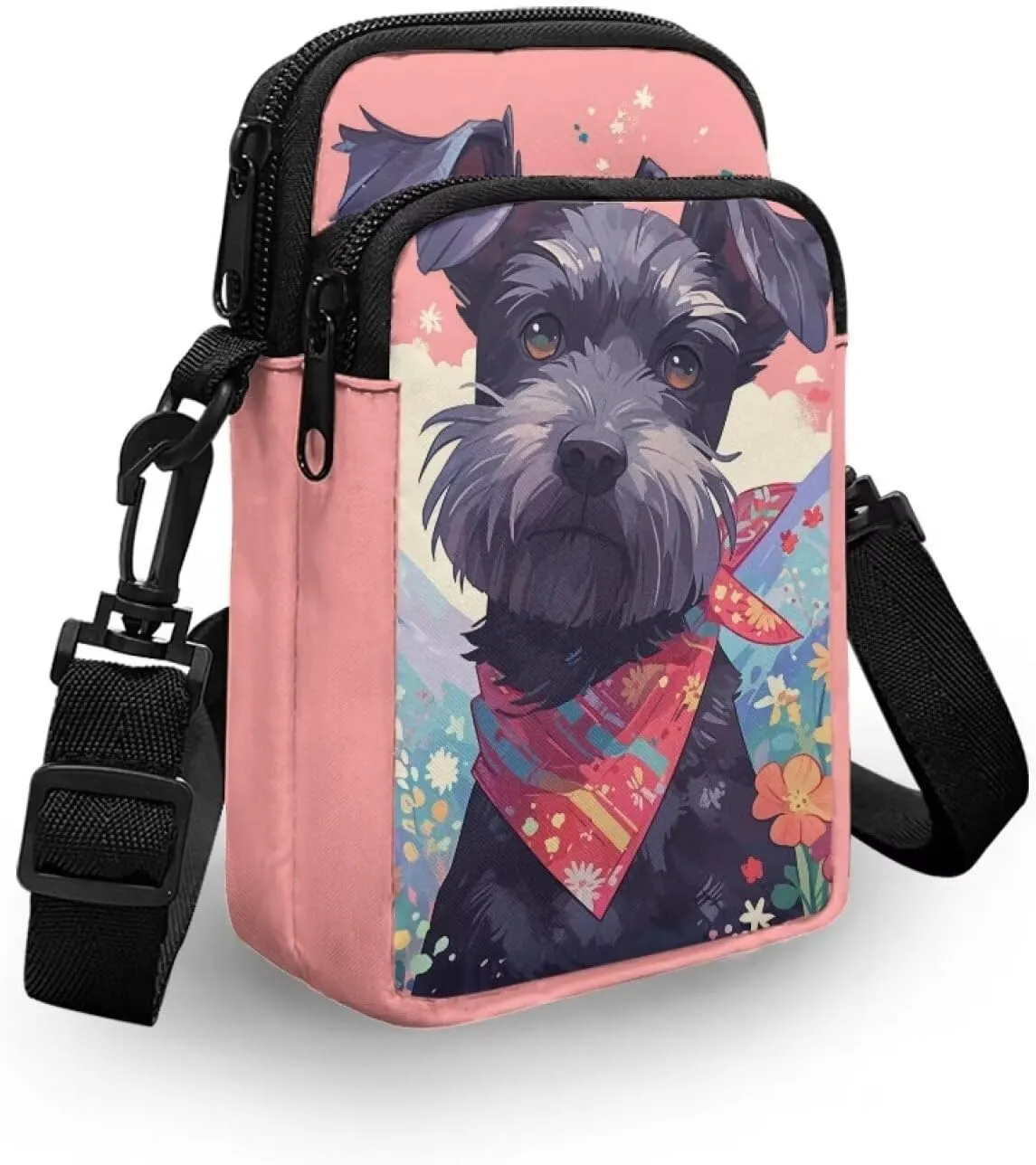 TODIYADDU Cute Schnauzer Dog Flower Cell Phone Purses for Women Crossbody Bag Novelty Shoulder Sling Bag with Adjustable Strap Mini Phone Pouch Purse Wallet with Zip Pocket Portable Handbags Gifts-1