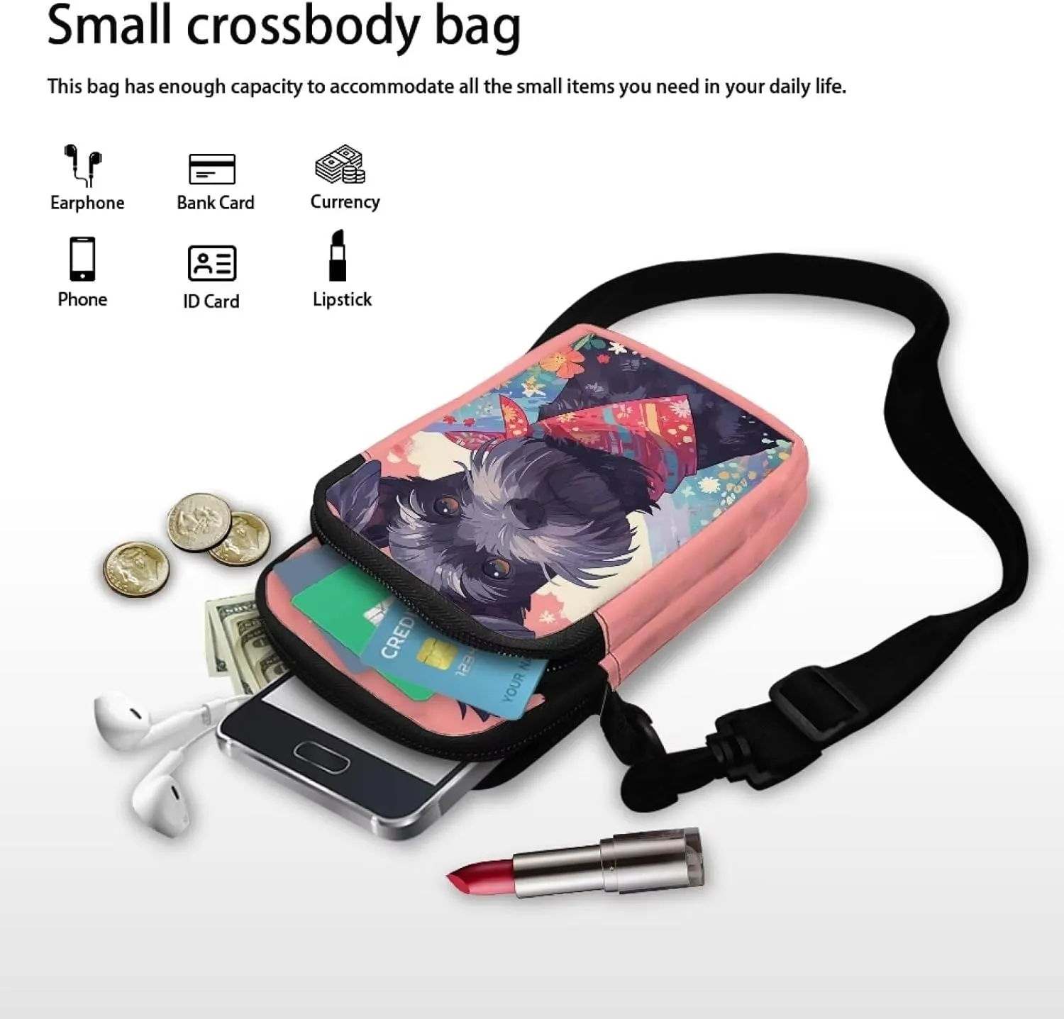 TODIYADDU Cute Schnauzer Dog Flower Cell Phone Purses for Women Crossbody Bag Novelty Shoulder Sling Bag with Adjustable Strap Mini Phone Pouch Purse Wallet with Zip Pocket Portable Handbags Gifts-1