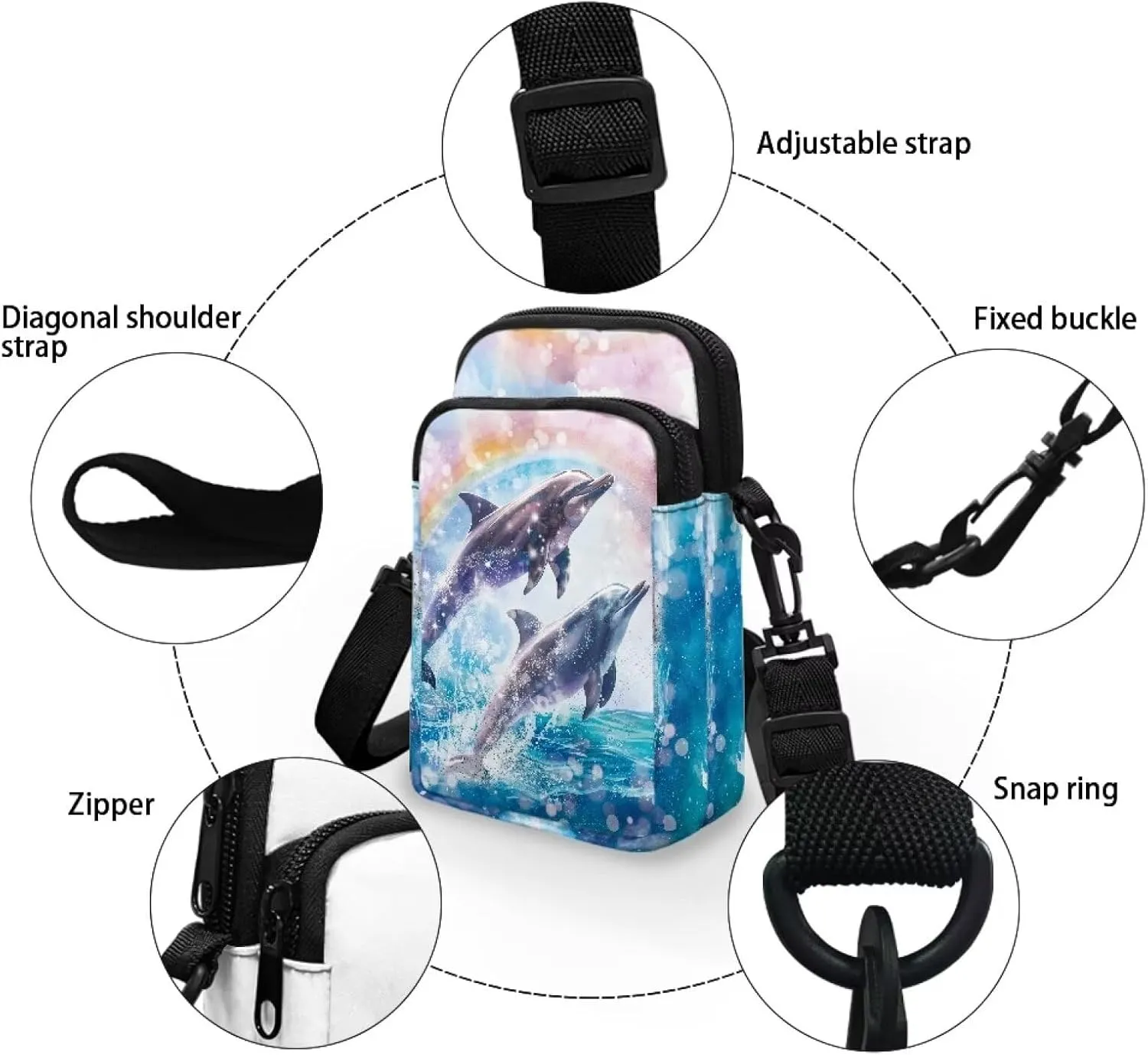 TODIYADDU Small Crossbody Purse Zipper Cell Phone Bag Dolphin Rainbow Shoulder Purse Wallet with Adjustable Strap Fashion Crossbody Cell Phone Purse Wallet for Women Lightweight Handbags-1