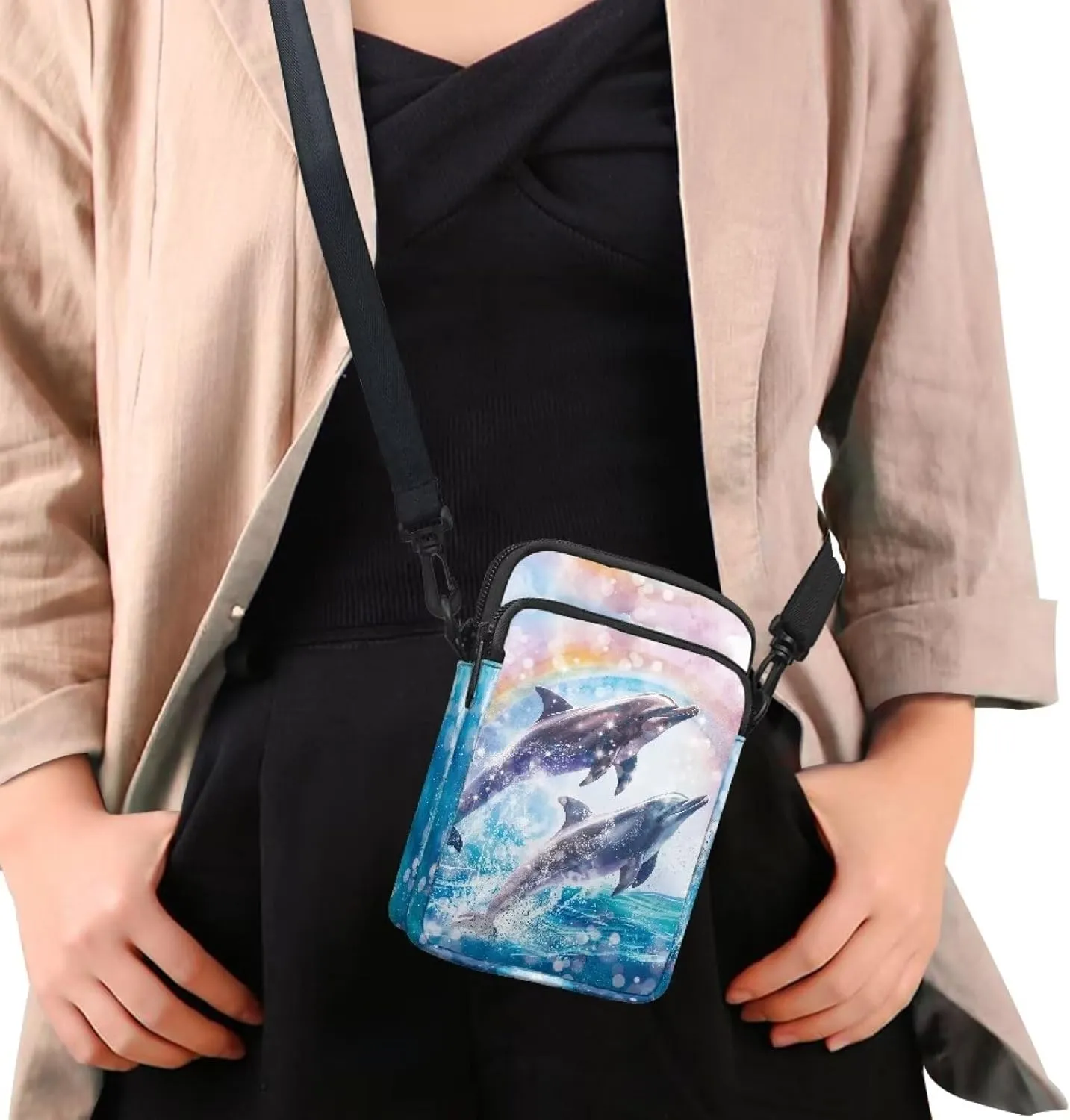 TODIYADDU Small Crossbody Purse Zipper Cell Phone Bag Dolphin Rainbow Shoulder Purse Wallet with Adjustable Strap Fashion Crossbody Cell Phone Purse Wallet for Women Lightweight Handbags-1