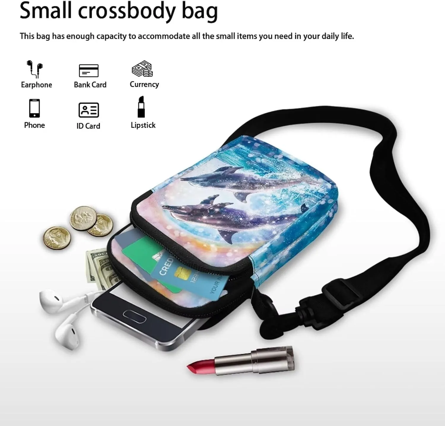 TODIYADDU Small Crossbody Purse Zipper Cell Phone Bag Dolphin Rainbow Shoulder Purse Wallet with Adjustable Strap Fashion Crossbody Cell Phone Purse Wallet for Women Lightweight Handbags-1