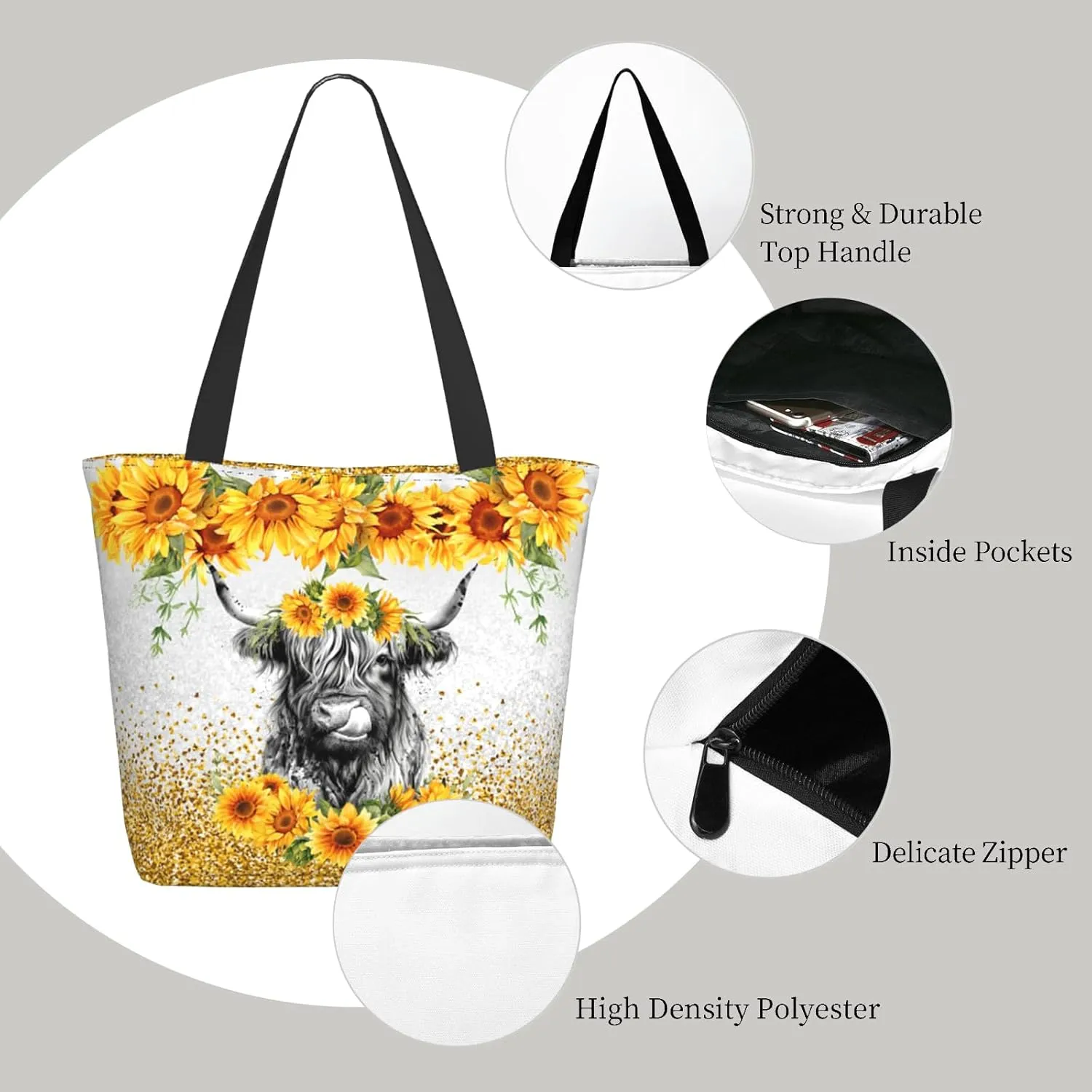 Tote Bag for Women Large Shoulder Bag with Zipper Pockets Stylish Print Handbags for Work Travel Shopping