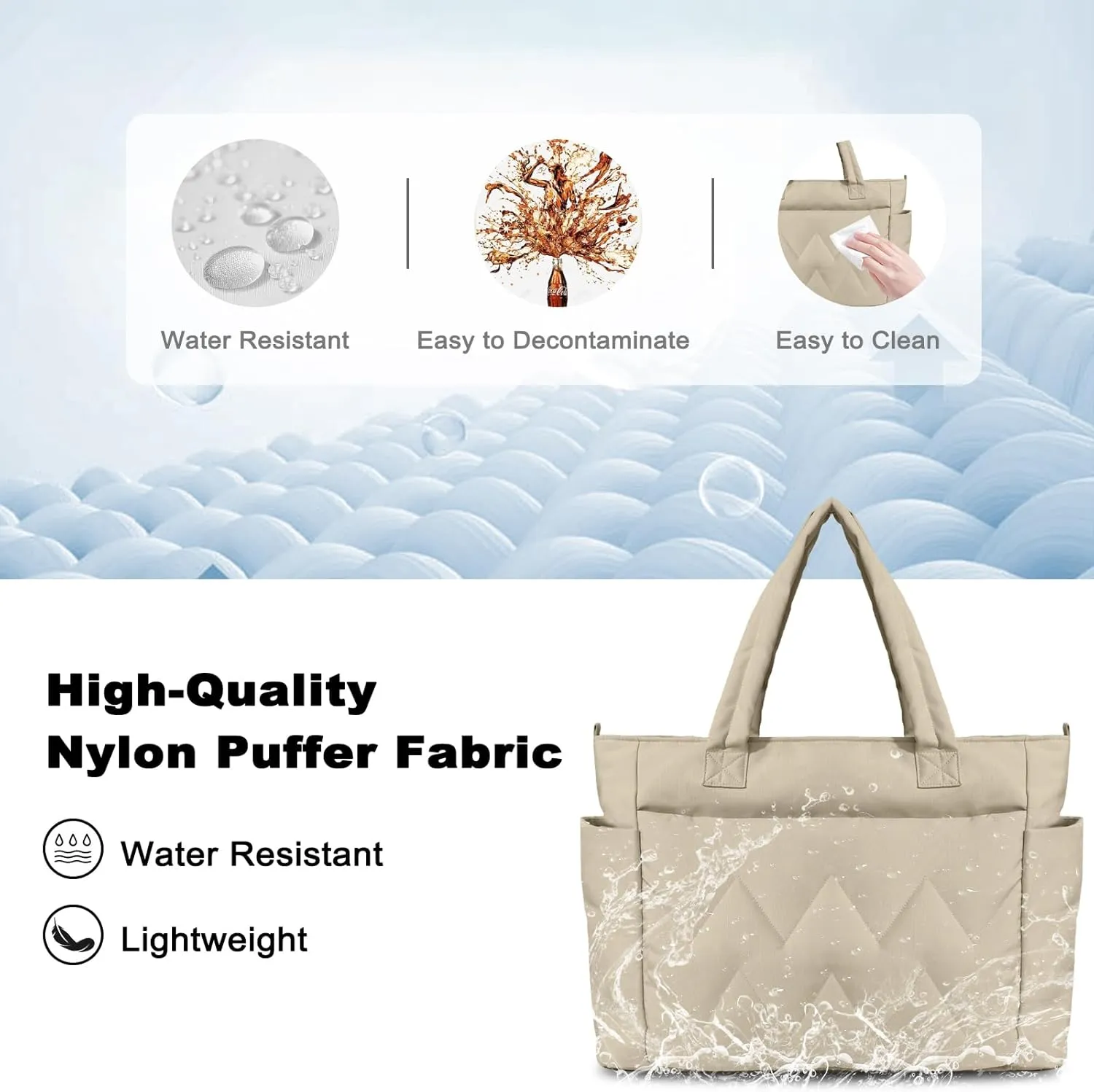 Tote Bag for Women, Lightweight Puffy Tote Bag with Compartments, Large Quilted Shoulder Bag with Zipper