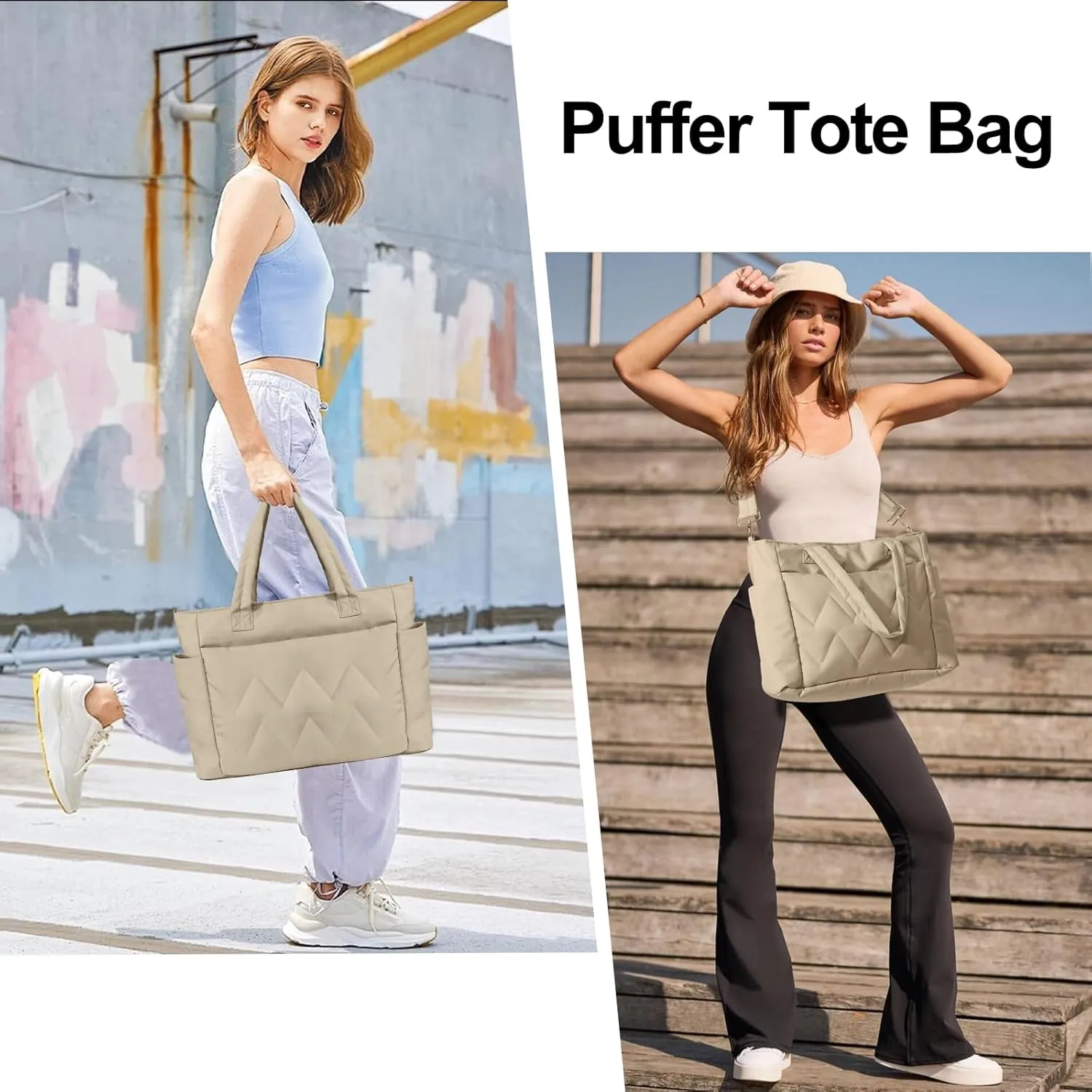 Tote Bag for Women, Lightweight Puffy Tote Bag with Compartments, Large Quilted Shoulder Bag with Zipper
