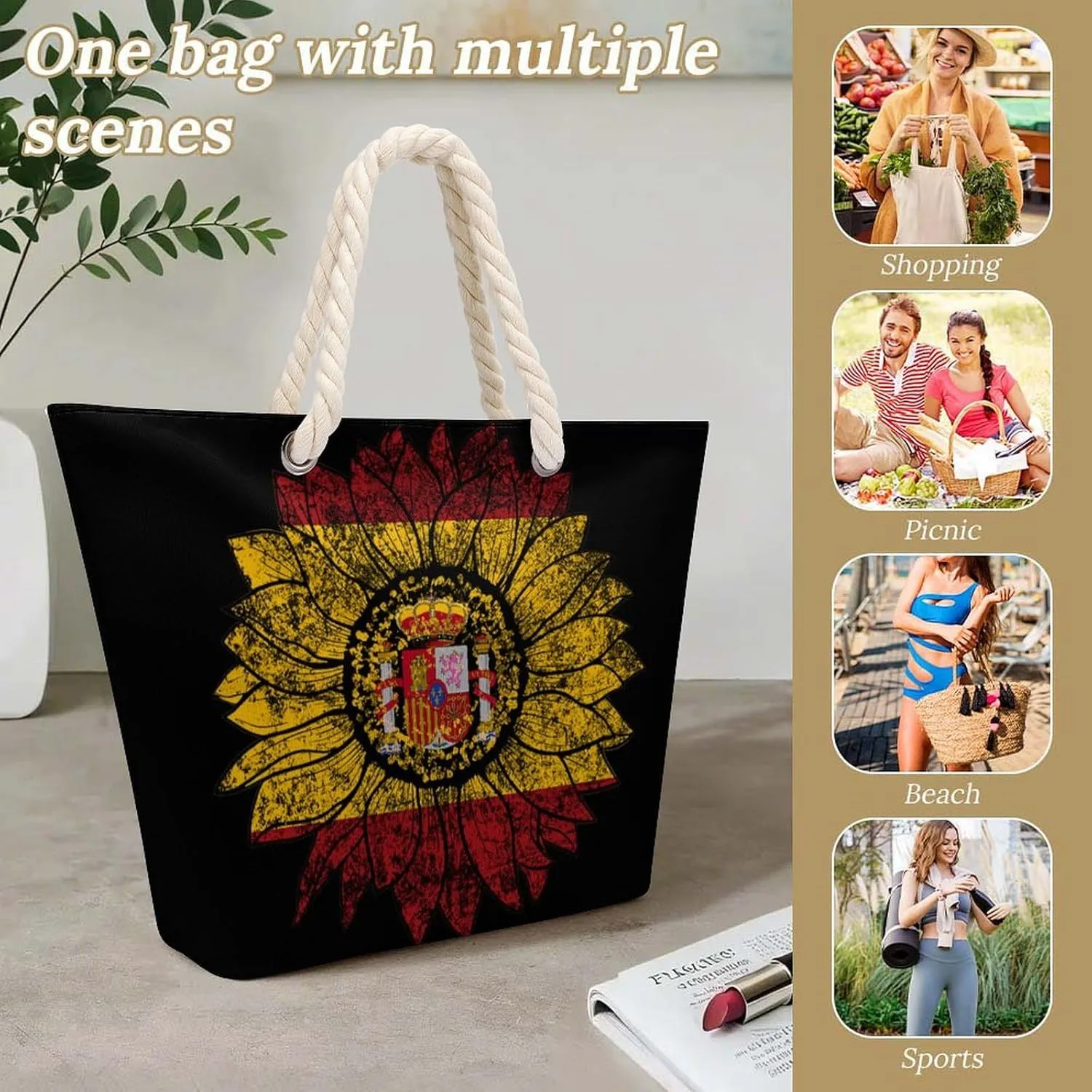 Tote Bag Large Handles Beach Bag with Zipper for Shopping Groceries Travel Outdoors Swim Pool Bag