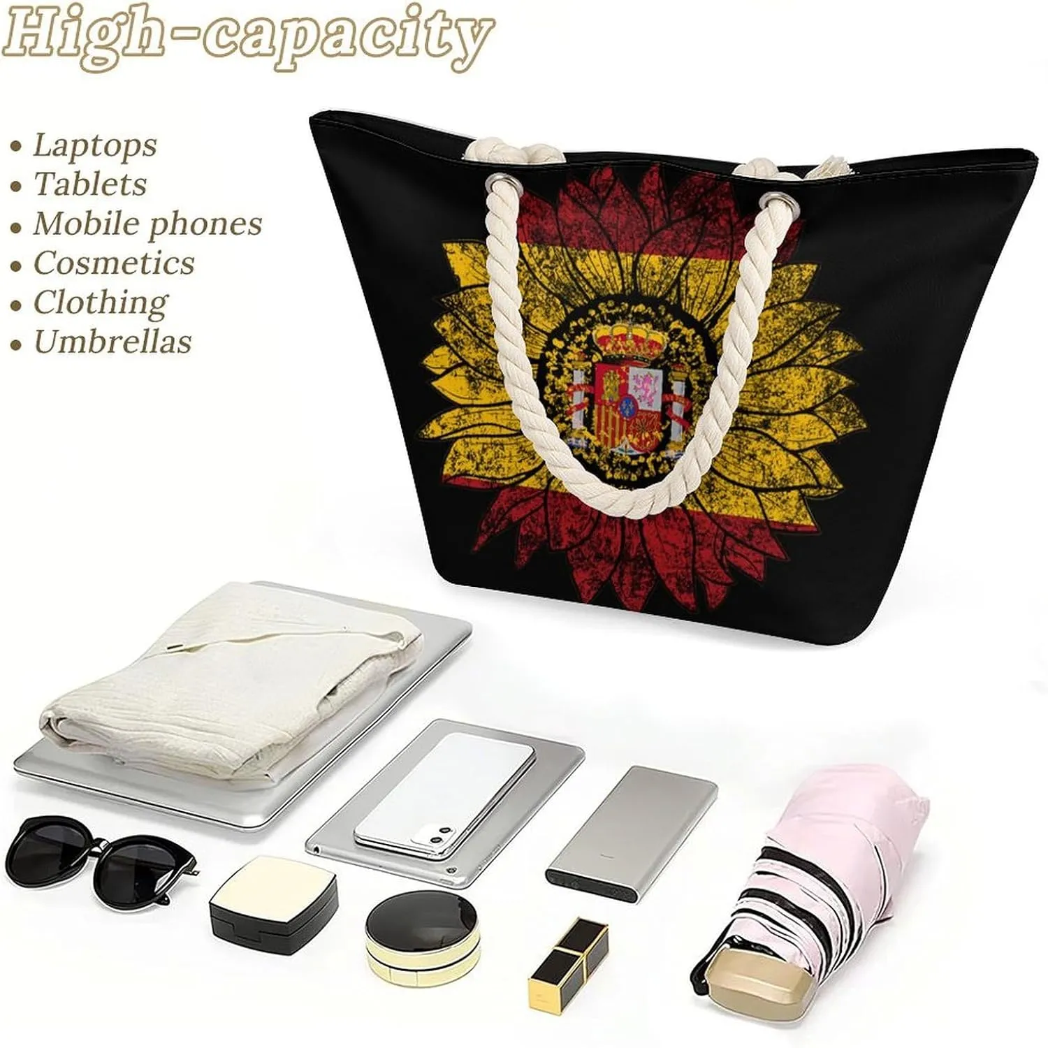 Tote Bag Large Handles Beach Bag with Zipper for Shopping Groceries Travel Outdoors Swim Pool Bag