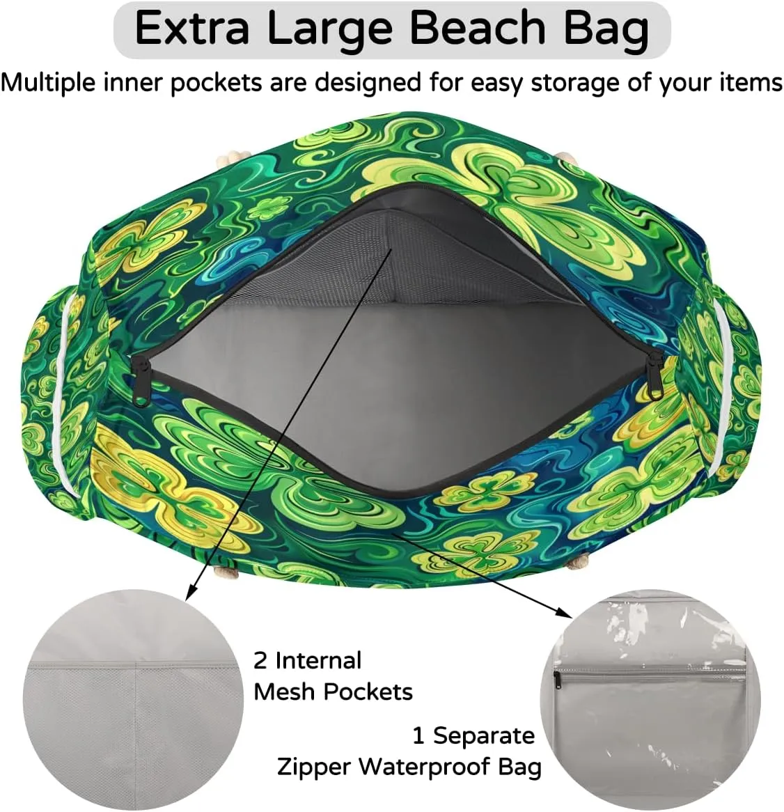 Tote Beach Bag for Women Large Zipper Beach Bags Waterproof Sandproof Gym Swim Pool Travel Bag
