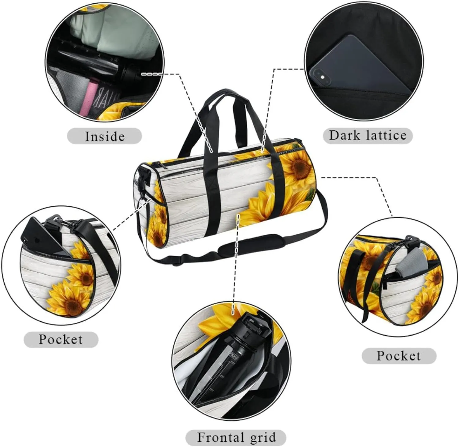 Travel Bag,Mens Gym Bag,Womens Gym Bag,Wood and Sunflower,Sports Bag