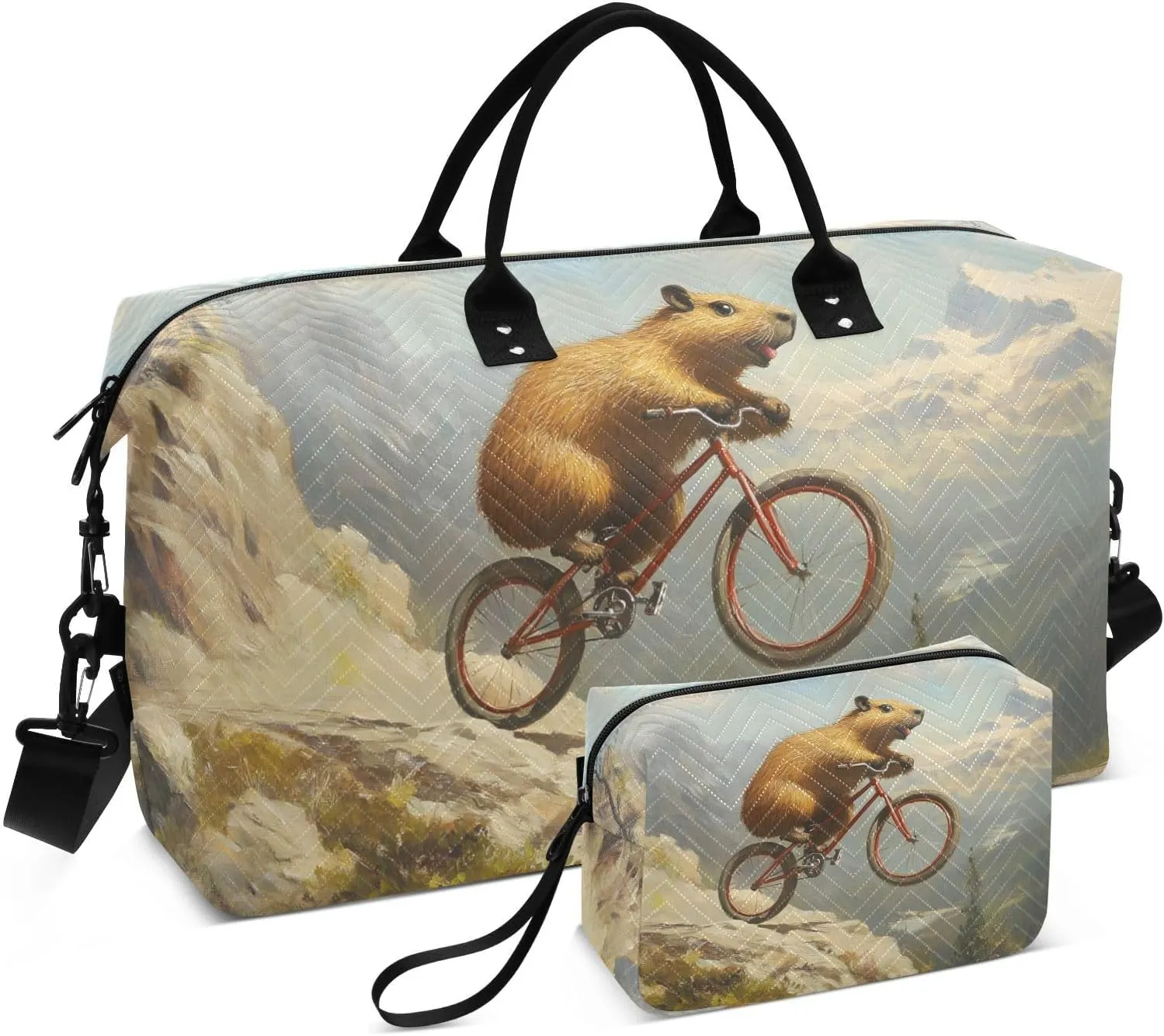 Travel Duffel Bag Beaver Bike Funny, Gym Bags with Multiple Interior Pockets for Men Women Toiletry Purse Included 20.5”x 1.9” x 13.8”