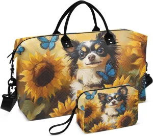 Travel Duffel Bag Chihuahua Dog Sunflower Cute, Gym Bags with Multiple Interior Pockets for Men Women Toiletry Purse Included 20.5”x 1.9” x 13.8”