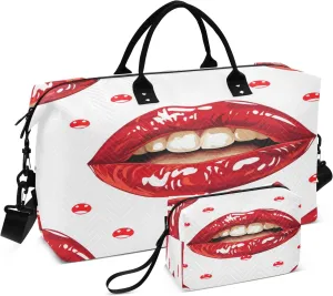 Travel Duffle Bag, Red Lips Gym Bag with Storage Bag Weekender Overnight Bag for Men Women Trip Sports Yoga