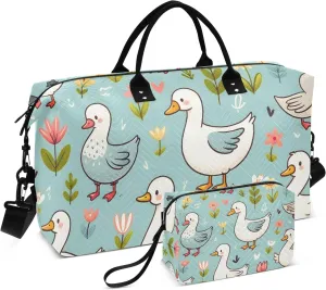 Travel Duffle Bag, Spring Cute Cartoon Goose Gym Bag with Storage Bag Weekender Overnight Bag for Men Women Trip Sports Yoga