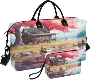 Trees Wooden House River Travel Duffel Bag with Toiletry Bag Weekender Bag for Carry on Sports Gym Bag for Yoga Sports Gym