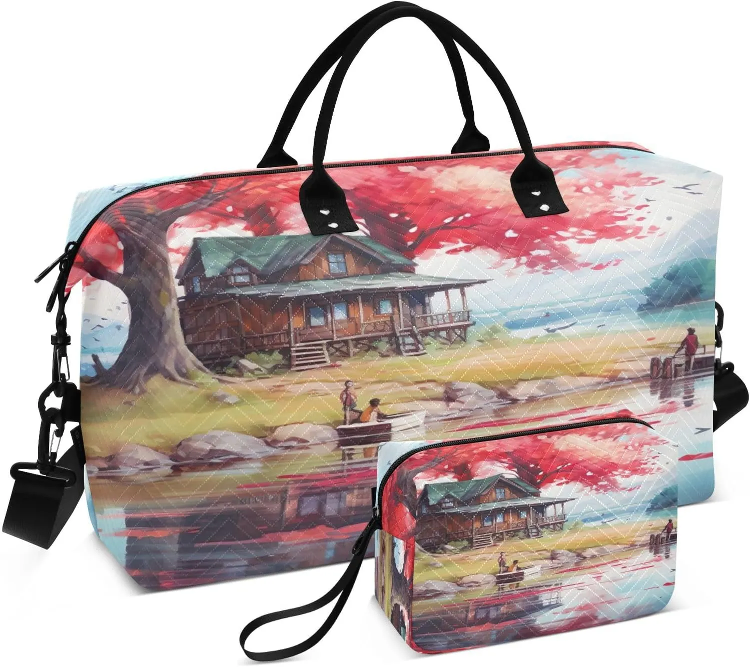 Trees Wooden House River Travel Duffel Bag with Toiletry Bag Weekender Bag for Carry on Sports Gym Bag for Yoga Sports Gym