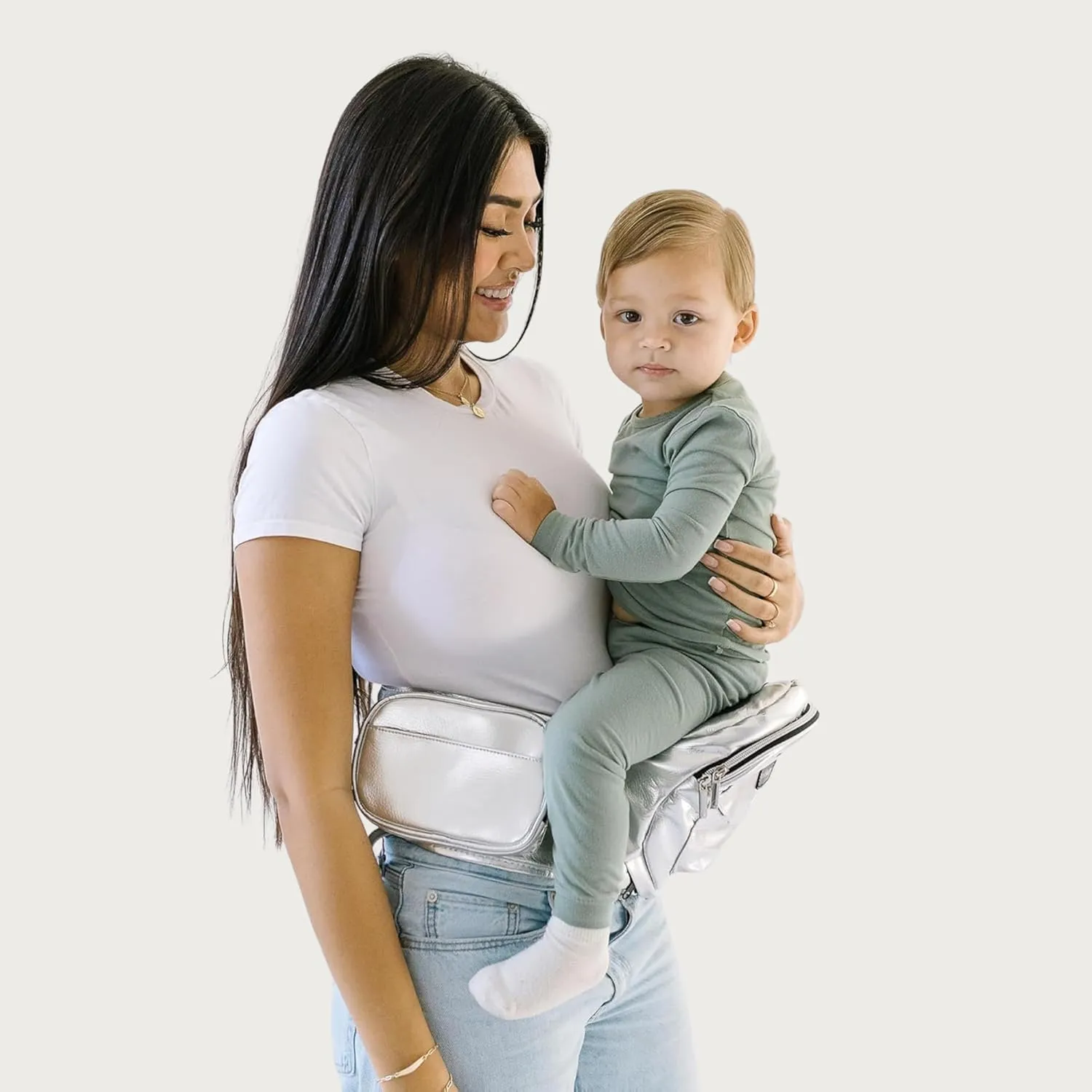 Tushbaby The Original Safety-Certified Hip Carrier for Babies & Toddlers: Machine Washable Child Waist Seat with Pocket Storage, As Seen on Shark Tank (23”-44” Waist, 0-3 yrs up to 45lbs) – Metallic