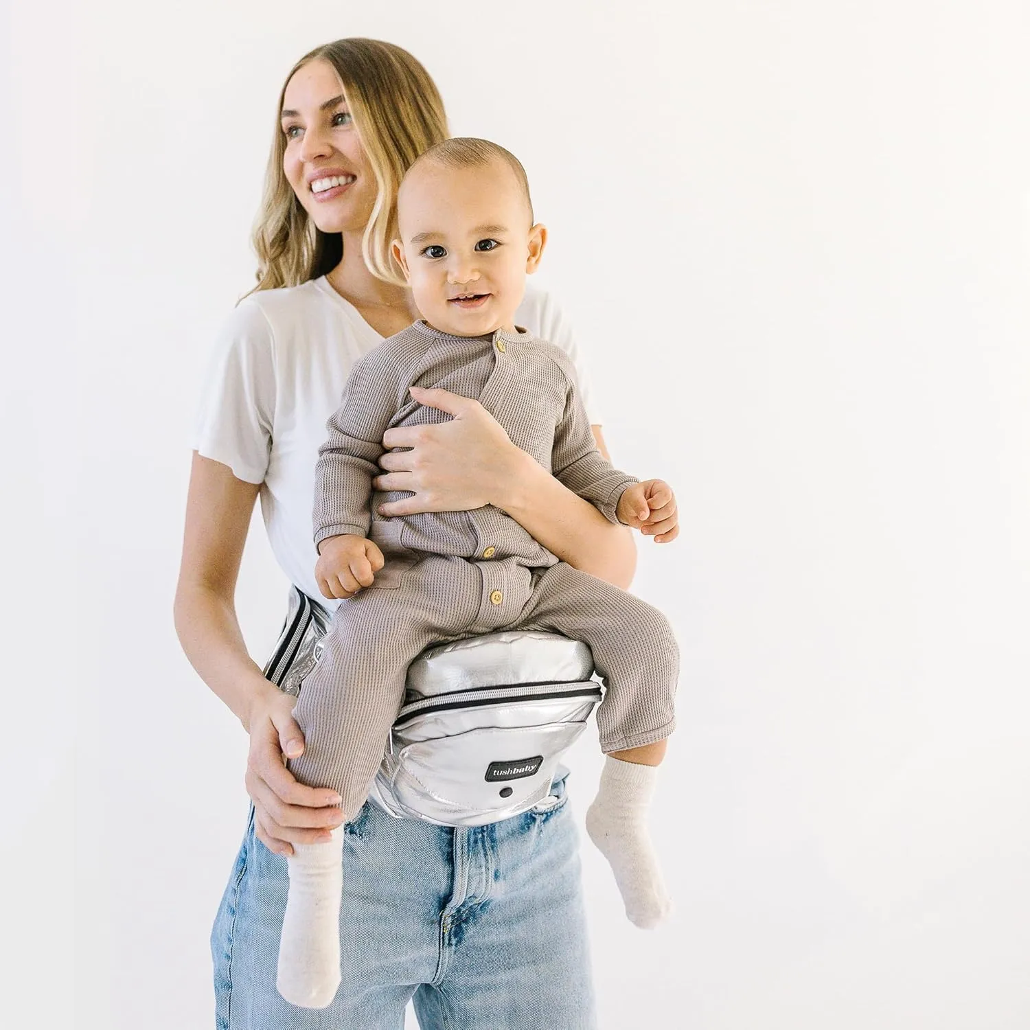 Tushbaby The Original Safety-Certified Hip Carrier for Babies & Toddlers: Machine Washable Child Waist Seat with Pocket Storage, As Seen on Shark Tank (23”-44” Waist, 0-3 yrs up to 45lbs) – Metallic