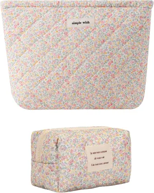 uekeboag 2Pcs Cute Quilted Cotton Makeup Bag, Coquette Quilted Aesthetic Cosmetic Zipper Pouch for Women and Girls,Kawaii Travel Toiletry Bag(07Purple and Pink)