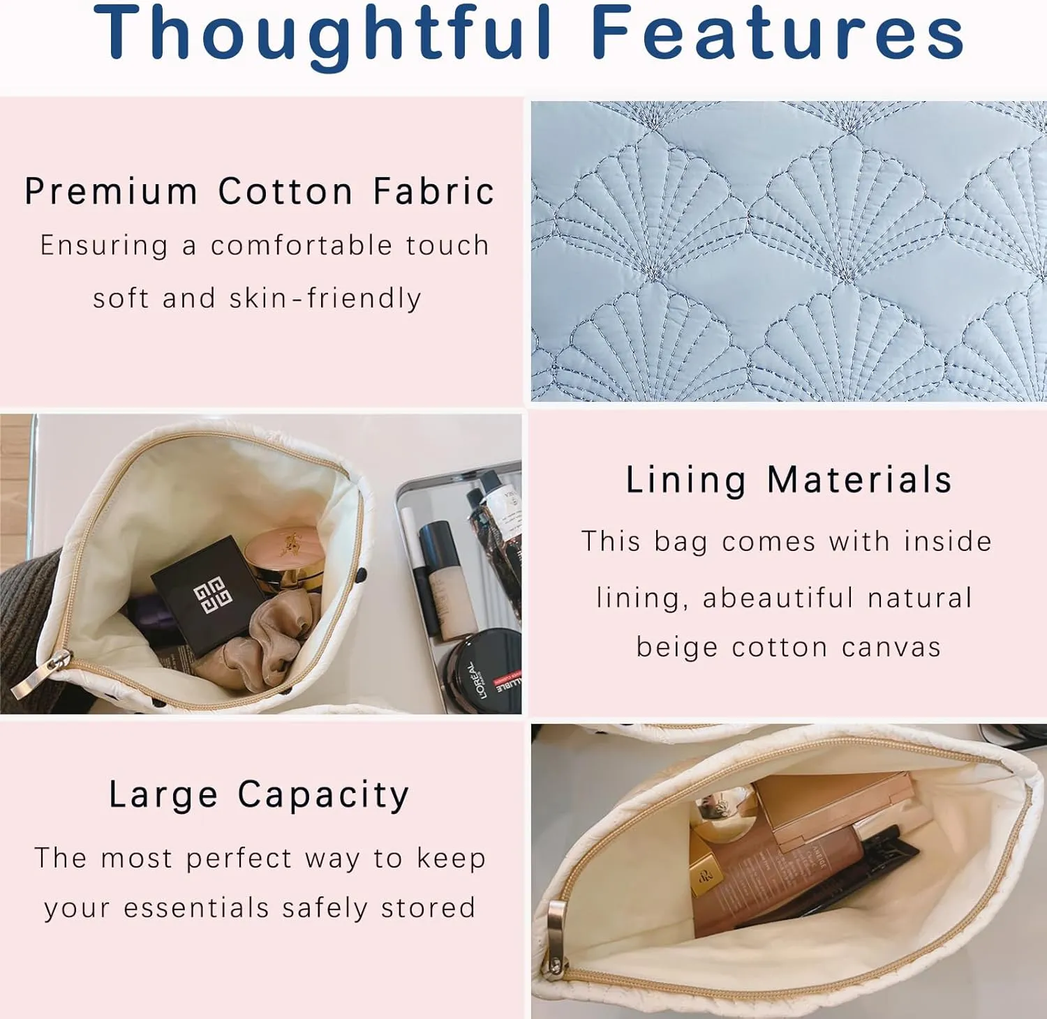 uekeboag White Quilted Cotton Makeup Pouch,Coquette Quilted Toiletry Bag for Women and Girls, Floral Coquette Organizer Bag, Aesthetic Travel Cosmetic Bags(LightBlue Shell)