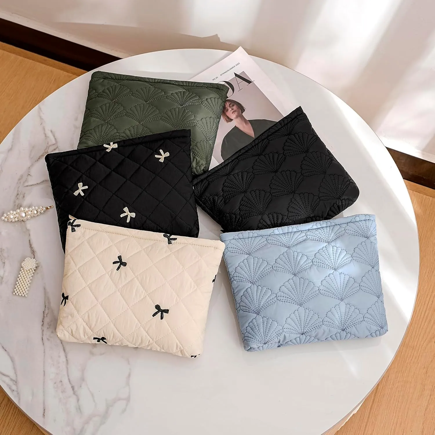 uekeboag White Quilted Cotton Makeup Pouch,Coquette Quilted Toiletry Bag for Women and Girls, Floral Coquette Organizer Bag, Aesthetic Travel Cosmetic Bags(LightBlue Shell)