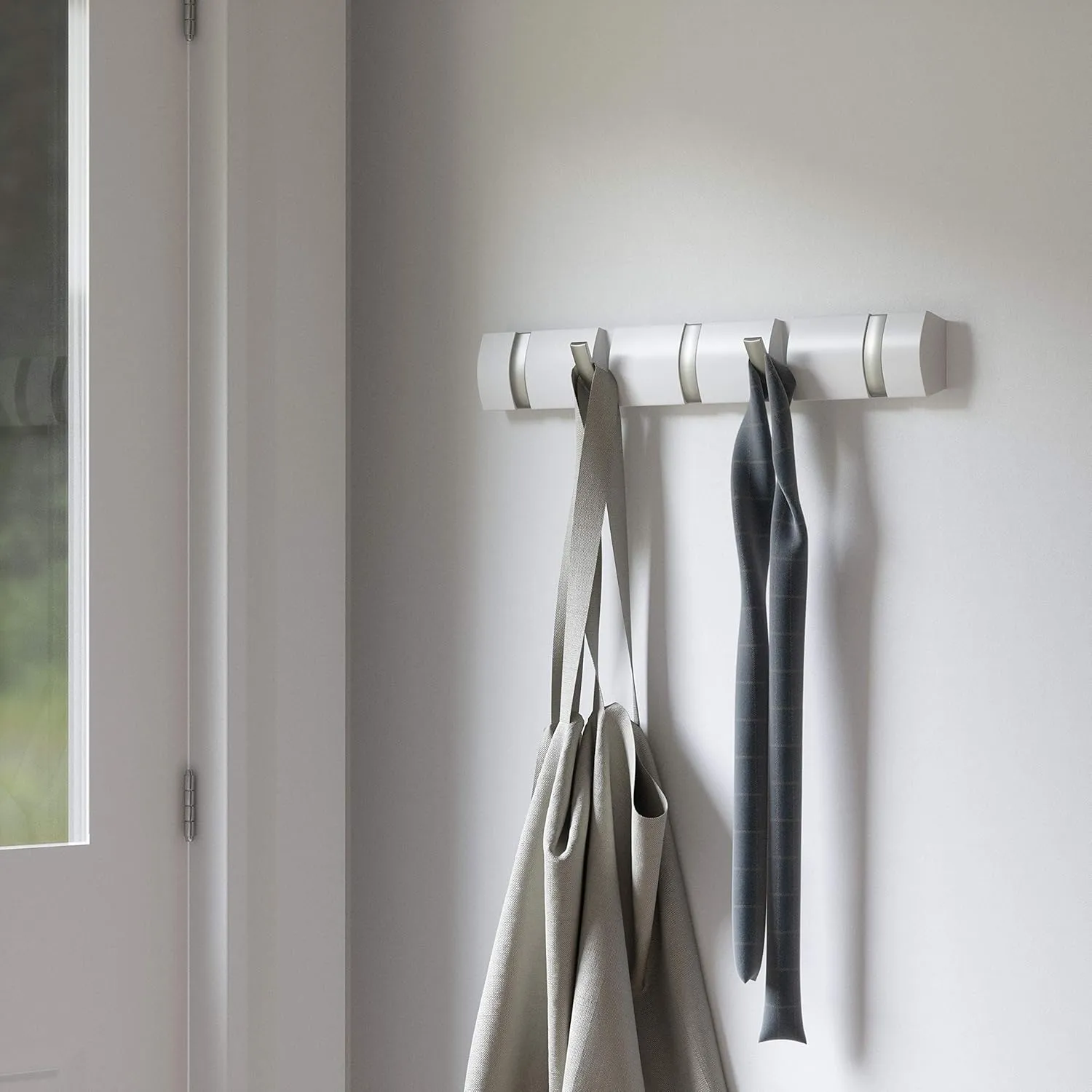 Umbra Flip Wall-Mounted Coat Rack Rail Hook for Hats, Jackets, Bags and More – Modern, Space-Saving Storage Organizer for Entryway, Mudroom, Closet, Bathroom, Bedroom, Kids Room, or Nursery, 5 Hooks,