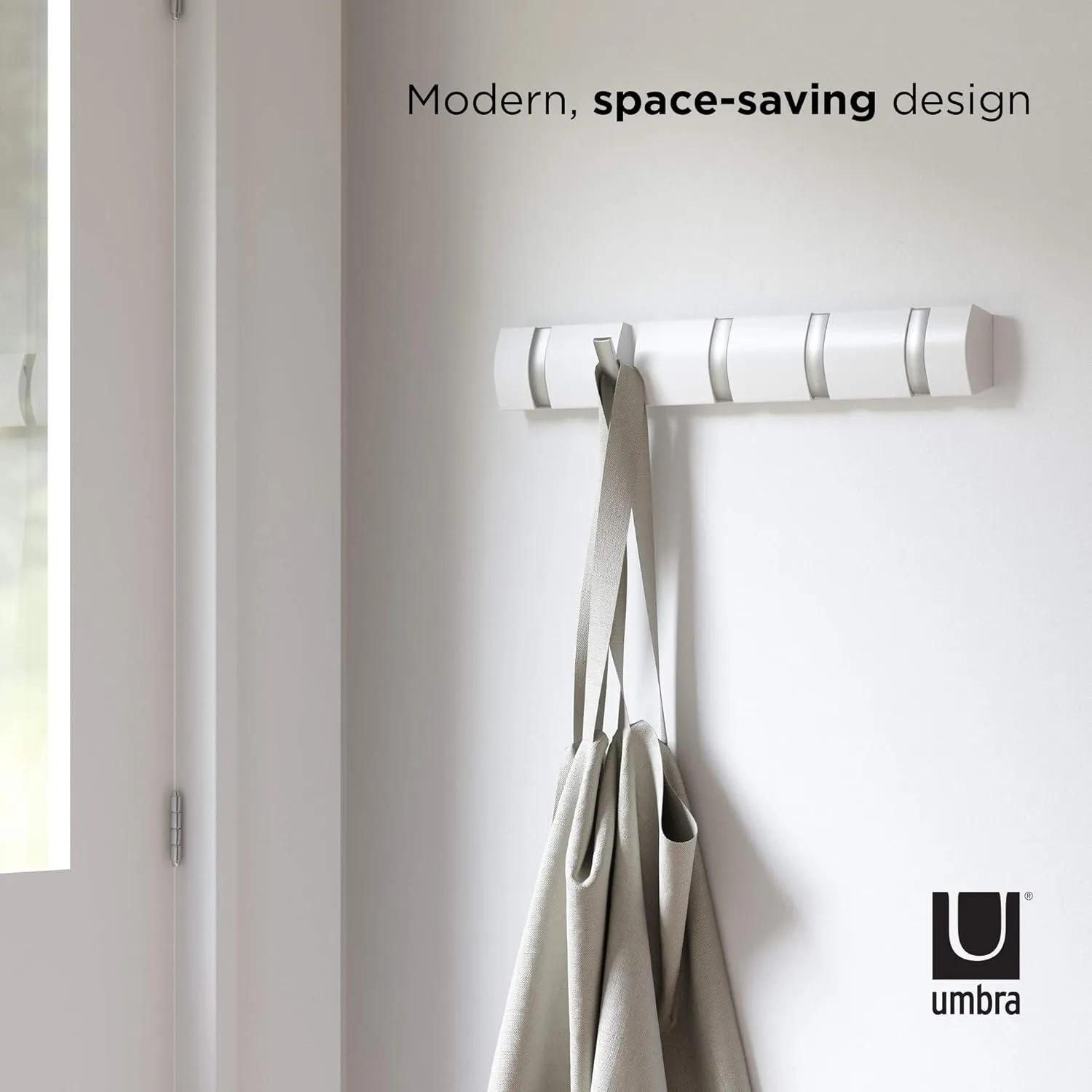 Umbra Flip Wall-Mounted Coat Rack Rail Hook for Hats, Jackets, Bags and More – Modern, Space-Saving Storage Organizer for Entryway, Mudroom, Closet, Bathroom, Bedroom, Kids Room, or Nursery, 5 Hooks,