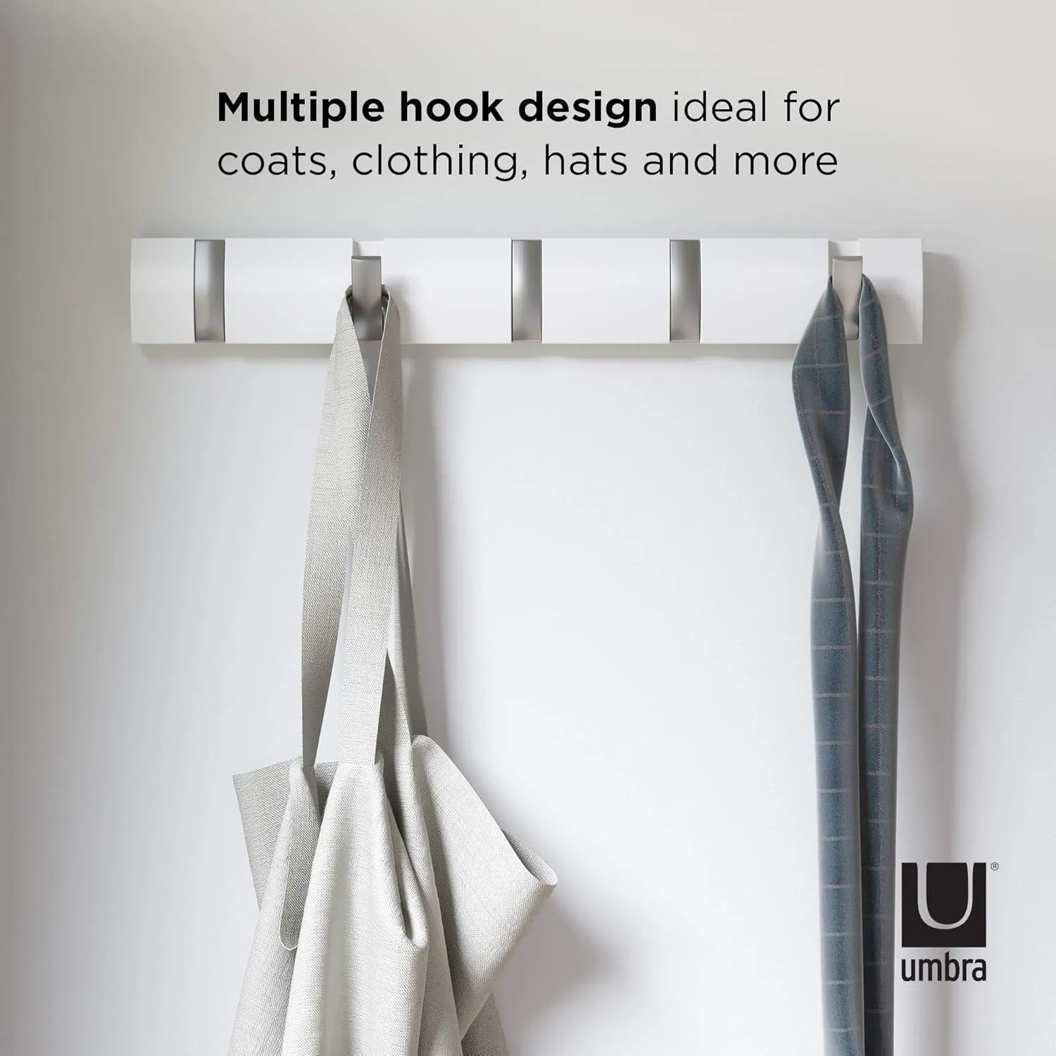 Umbra Flip Wall-Mounted Coat Rack Rail Hook for Hats, Jackets, Bags and More – Modern, Space-Saving Storage Organizer for Entryway, Mudroom, Closet, Bathroom, Bedroom, Kids Room, or Nursery, 5 Hooks,