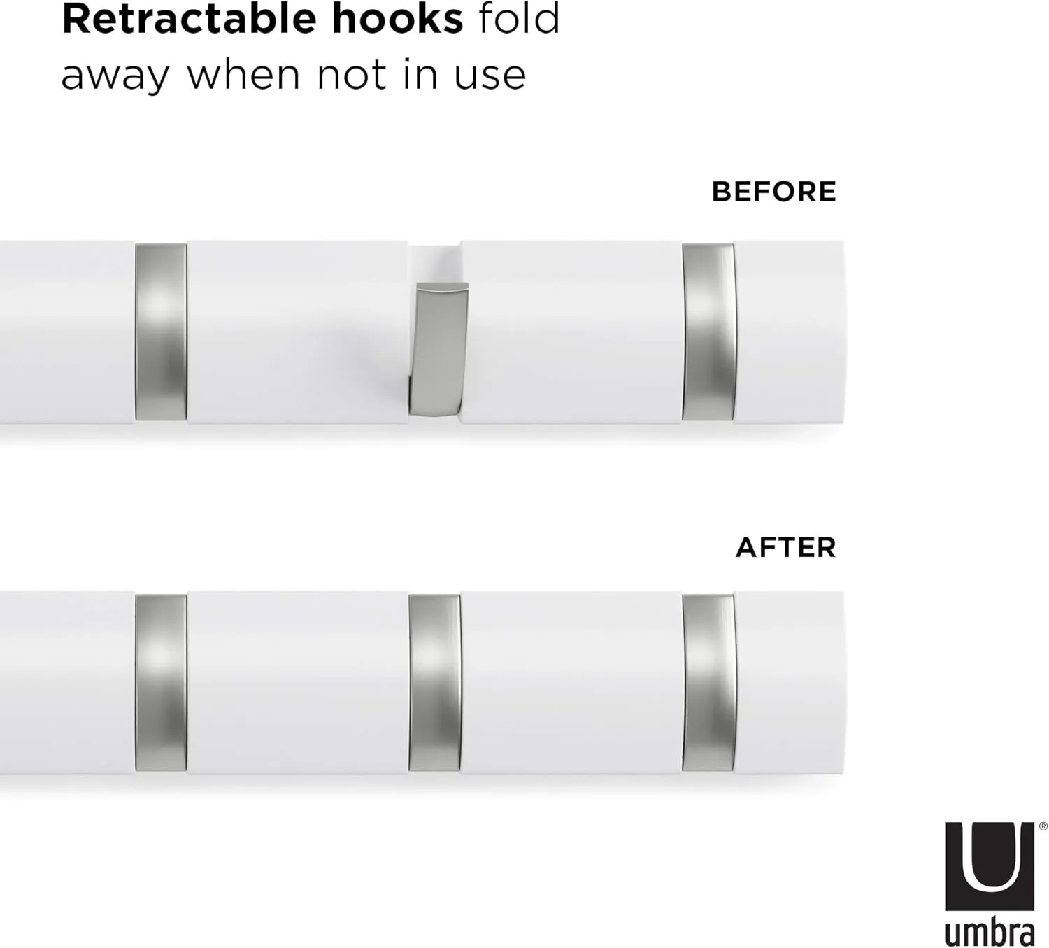 Umbra Flip Wall-Mounted Coat Rack Rail Hook for Hats, Jackets, Bags and More – Modern, Space-Saving Storage Organizer for Entryway, Mudroom, Closet, Bathroom, Bedroom, Kids Room, or Nursery, 5 Hooks,