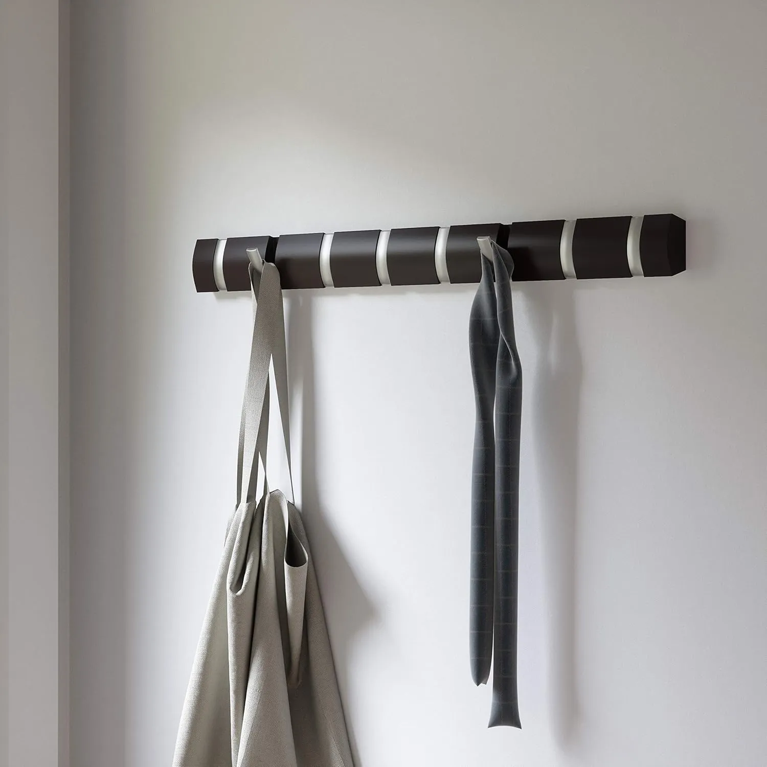 Umbra Flip Wall Mounted Floating Rack – Modern, Sleek, Space-Saving Hanger with Retractable Hooks to Hang Coats, Scarves, Purses and More, 8, Espresso