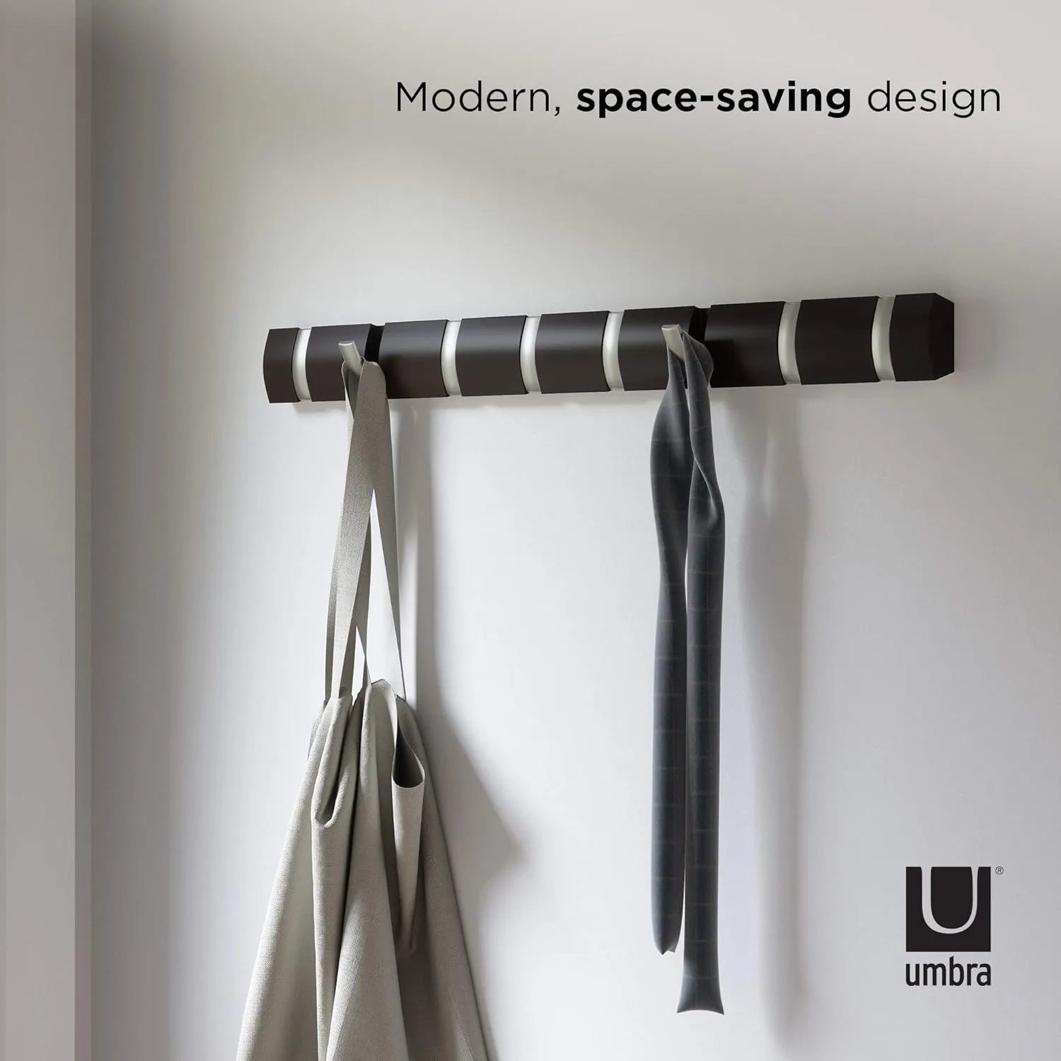 Umbra Flip Wall Mounted Floating Rack – Modern, Sleek, Space-Saving Hanger with Retractable Hooks to Hang Coats, Scarves, Purses and More, 8, Espresso