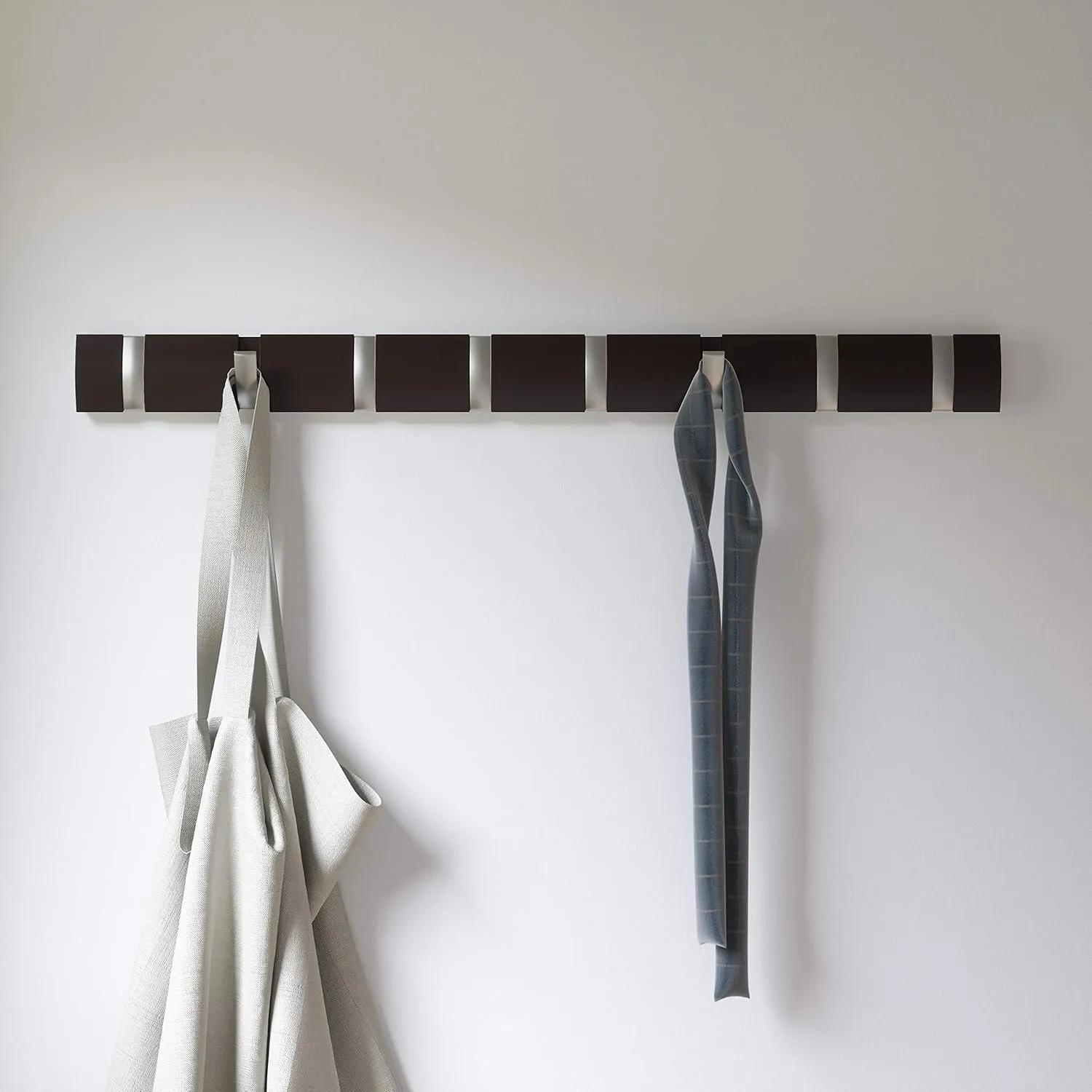Umbra Flip Wall Mounted Floating Rack – Modern, Sleek, Space-Saving Hanger with Retractable Hooks to Hang Coats, Scarves, Purses and More, 8, Espresso