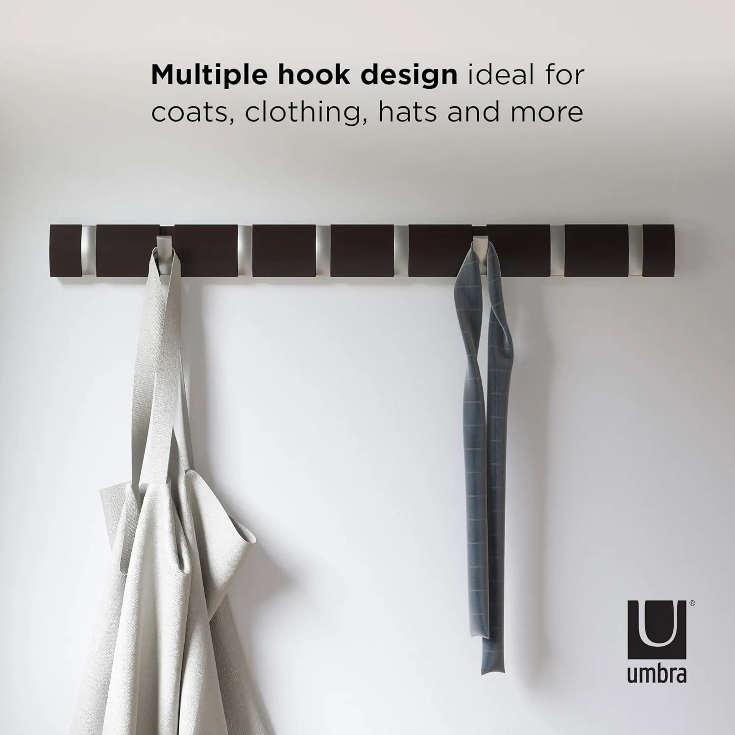 Umbra Flip Wall Mounted Floating Rack – Modern, Sleek, Space-Saving Hanger with Retractable Hooks to Hang Coats, Scarves, Purses and More, 8, Espresso