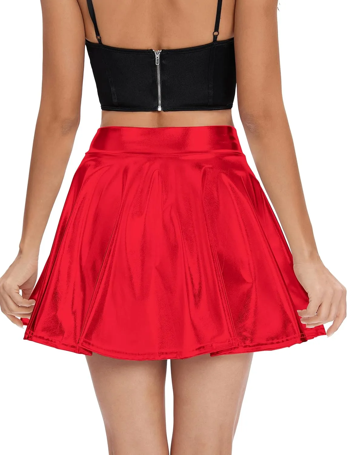 Urban CoCo Women's Shiny Flared Pleated Mini Skater Skirt