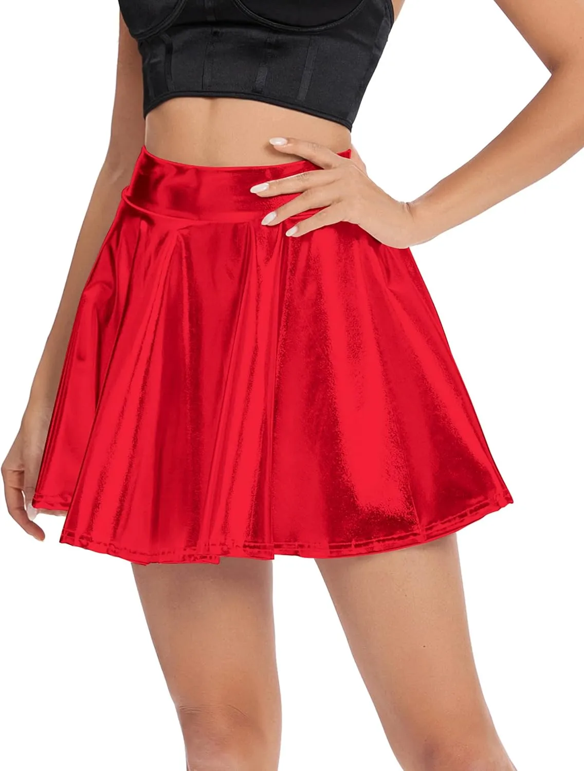 Urban CoCo Women's Shiny Flared Pleated Mini Skater Skirt