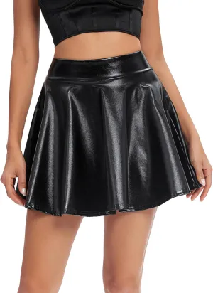 Urban CoCo Women's Shiny Flared Pleated Mini Skater Skirt
