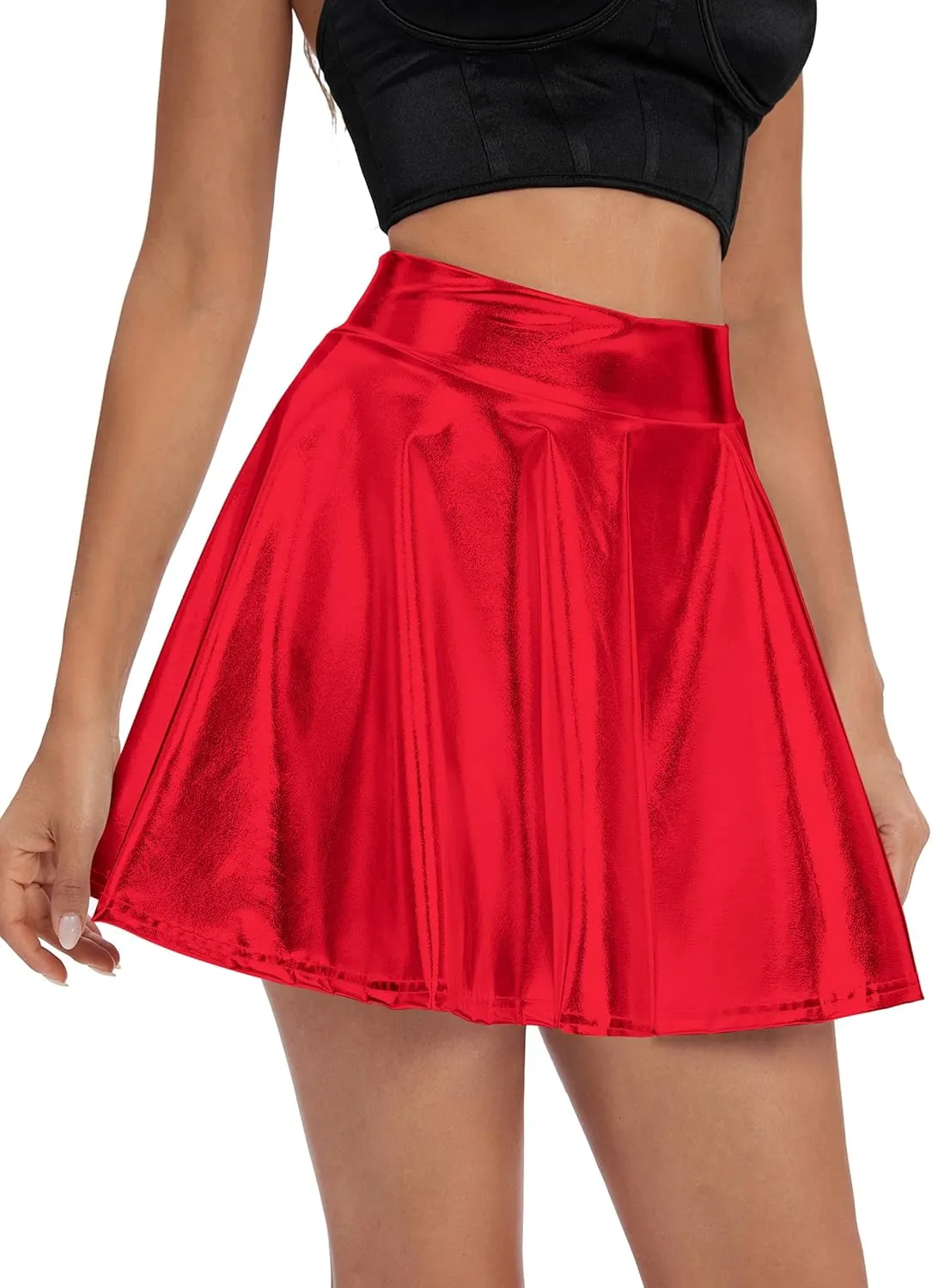 Urban CoCo Women's Shiny Flared Pleated Mini Skater Skirt