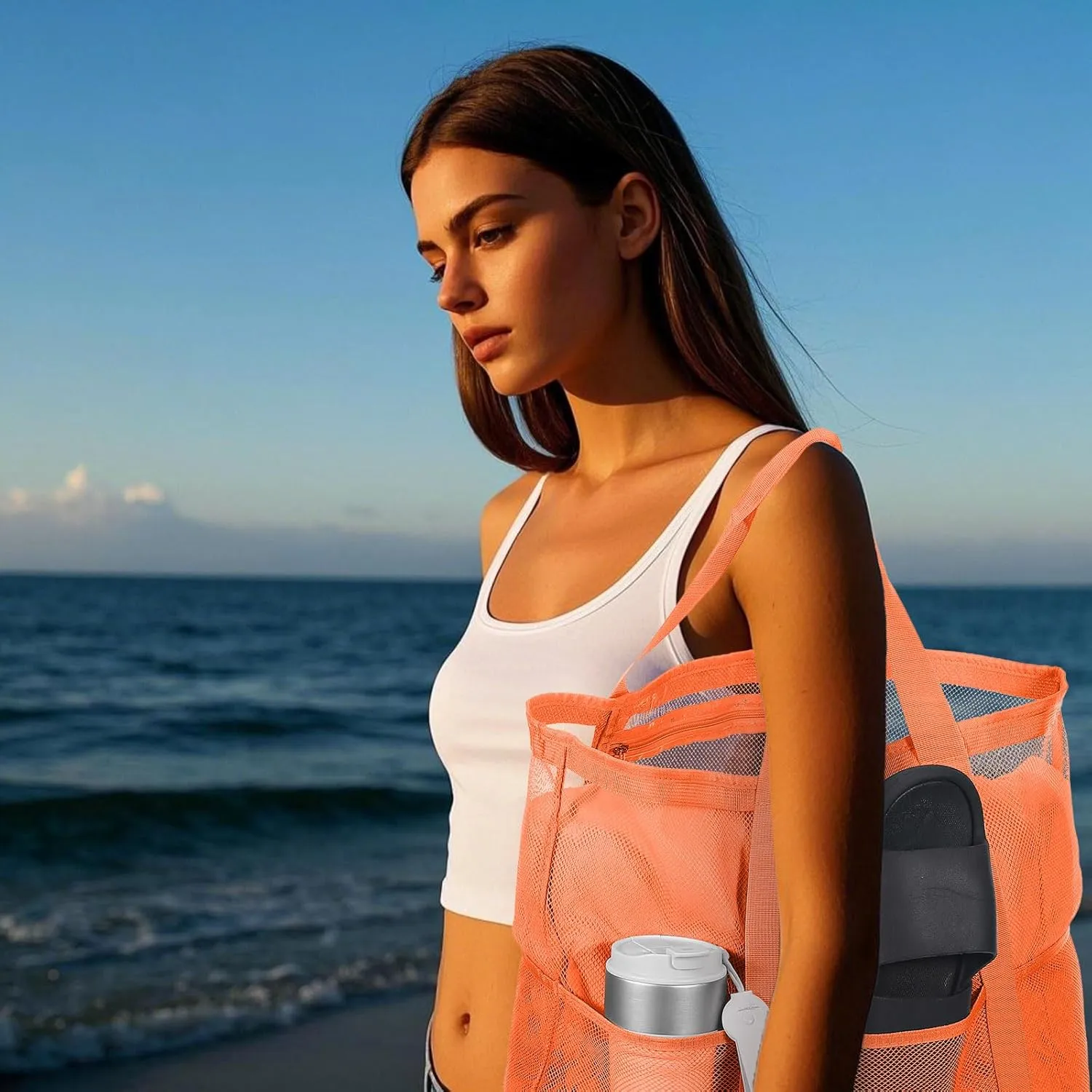 uxcell Mesh Beach Tote Bag, 1Pcs 17" x 13" x 5" Upgraded Beach Towel Bags, Waterproof Pool Bag for Beach Vacation and Travel Daily (Orange)