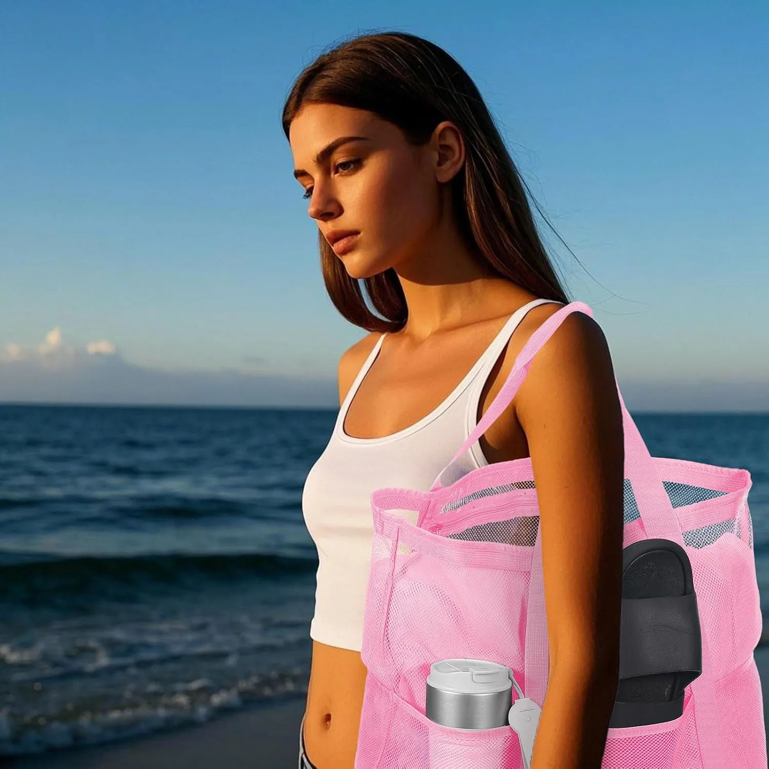 uxcell Mesh Beach Tote Bag, 1Pcs 17" x 13" x 5" Upgraded Beach Towel Bags, Waterproof Pool Bag for Beach Vacation and Travel Daily (Pink)