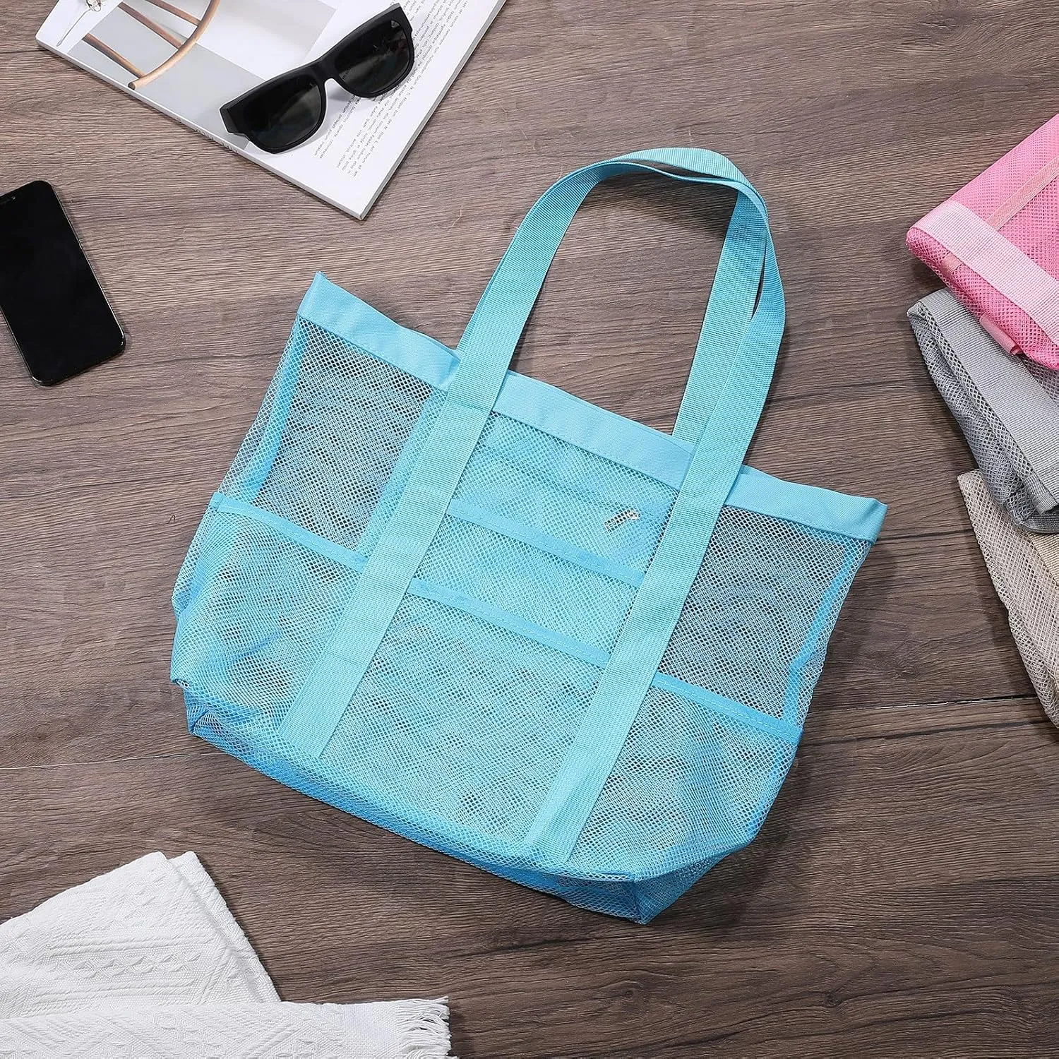 uxcell Mesh Beach Tote Bag, 1Pcs 17" x 13" x 5" Upgraded Beach Towel Bags, Waterproof Pool Bag for Beach Vacation and Travel Daily (White)