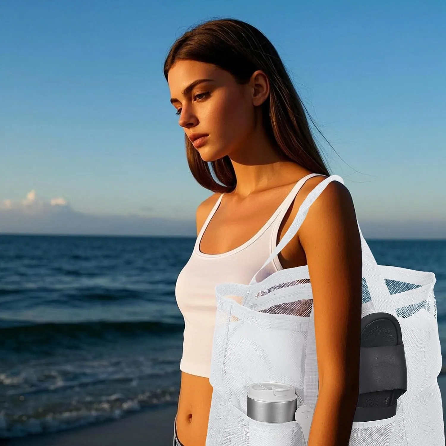 uxcell Mesh Beach Tote Bag, 1Pcs 17" x 13" x 5" Upgraded Beach Towel Bags, Waterproof Pool Bag for Beach Vacation and Travel Daily (White)