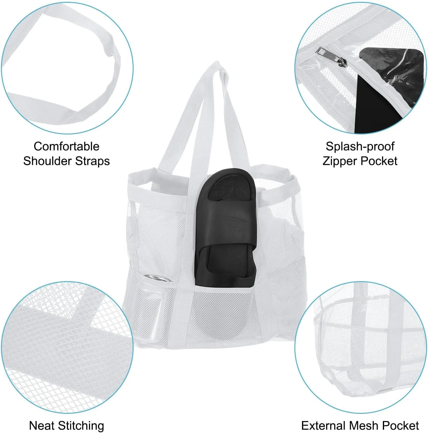 uxcell Mesh Beach Tote Bag, 1Pcs 17" x 13" x 5" Upgraded Beach Towel Bags, Waterproof Pool Bag for Beach Vacation and Travel Daily (White)