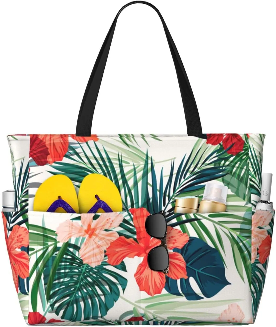 Vegetation Leaves with Hibiscus Flowers Print Foldable Lightweight Family Beach Bag for Men Women Beach Tote Bag Portable Gym Bag