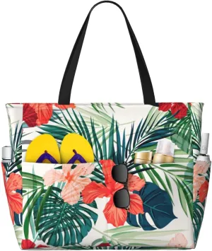 Vegetation Leaves with Hibiscus Flowers Print Foldable Lightweight Family Beach Bag for Men Women Beach Tote Bag Portable Gym Bag