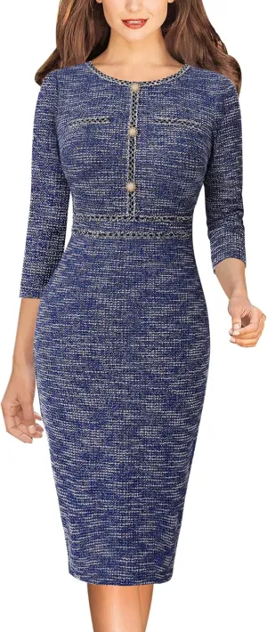 VFSHOW Womens Business Button Crew Neck Fitted Wear to Work Office Patchwork Pencil Sheath Dress