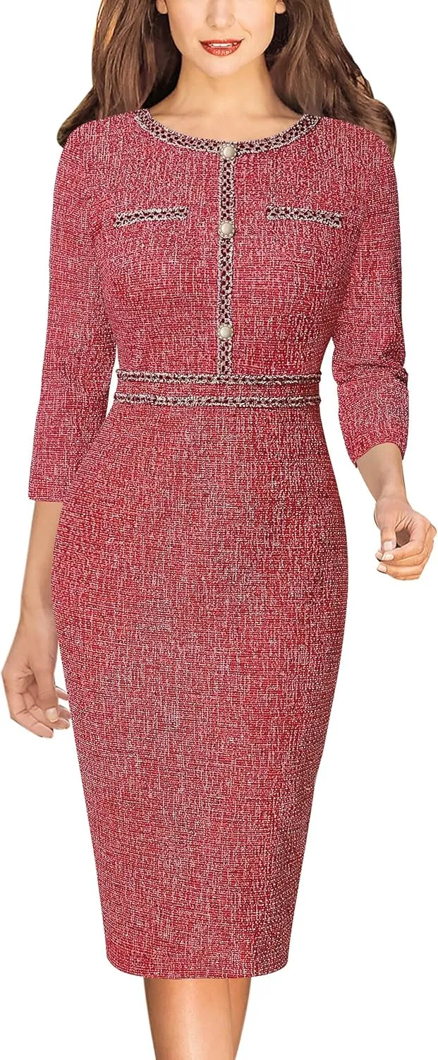 VFSHOW Womens Business Button Crew Neck Fitted Wear to Work Office Patchwork Pencil Sheath Dress