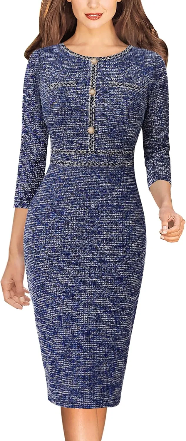 VFSHOW Womens Business Button Crew Neck Fitted Wear to Work Office Patchwork Pencil Sheath Dress
