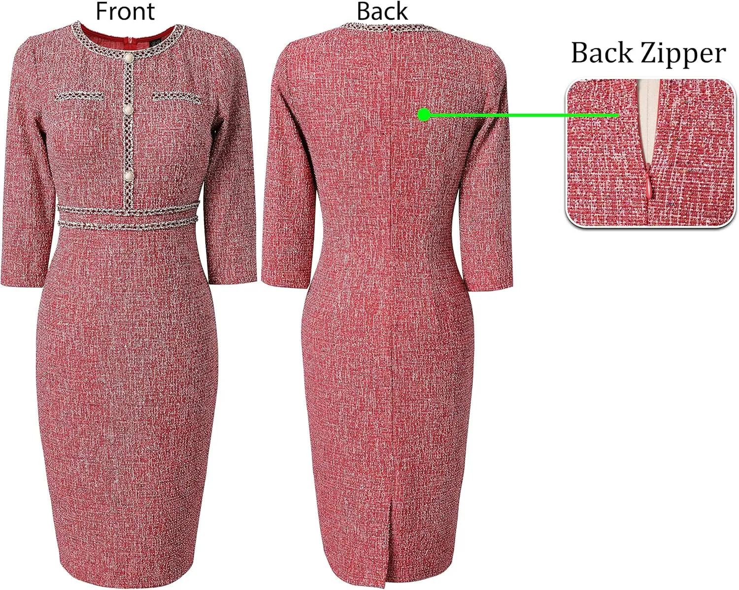 VFSHOW Womens Business Button Crew Neck Fitted Wear to Work Office Patchwork Pencil Sheath Dress